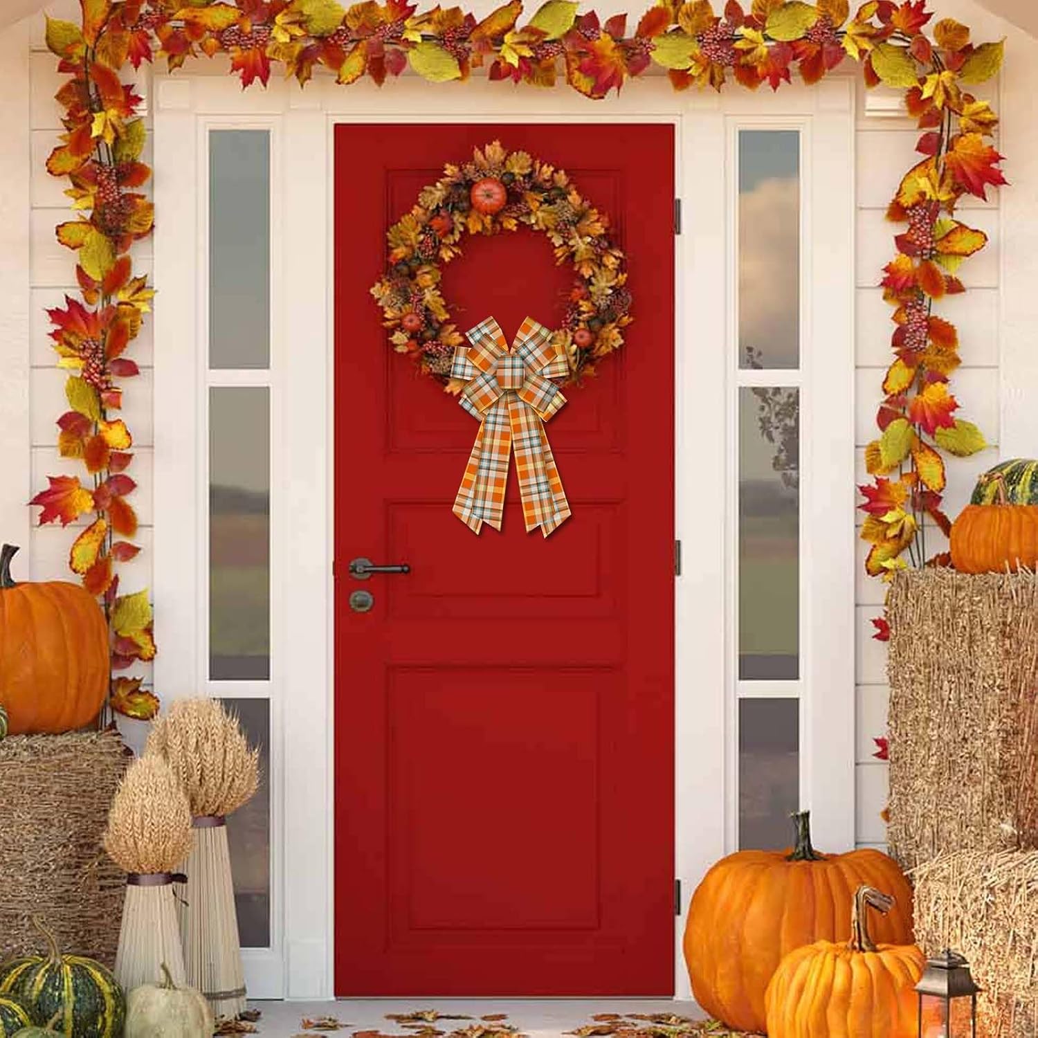 Hying Large Fall Bows for Wreath, Autumn Wreath Bows Orange Buffalo Plaid Bows Thanksgiving Farmhouse Craft Bows for Front Door Fall Thanksgiving Day Party Decorations Supplies