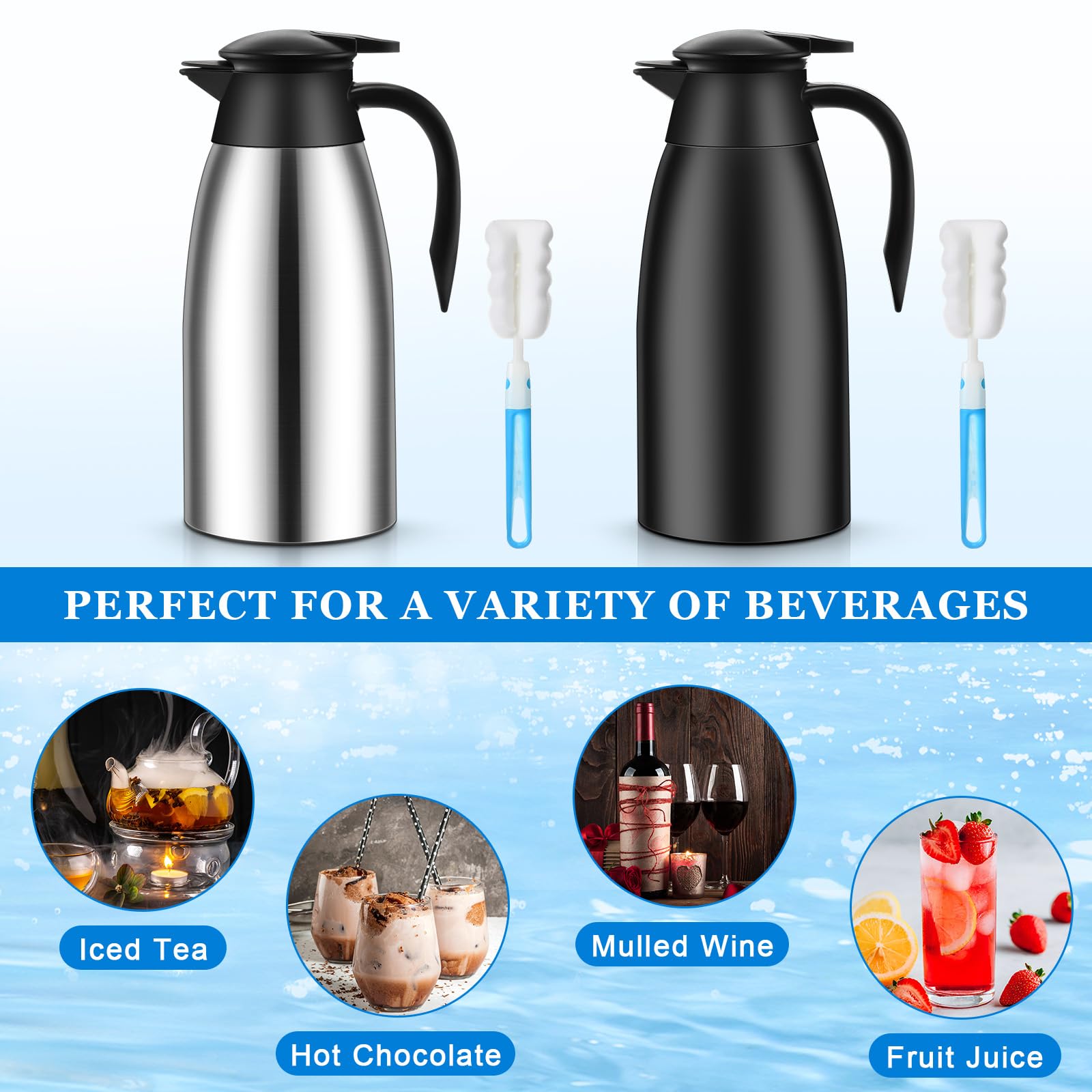 Uiifan 2 jarras térmicas de café de 68 onzas con aislamiento de acero inoxidable, jarra de café térmica de doble pared, jarra de café con cepillos para mantener el té del café durante 12 horas (negro,