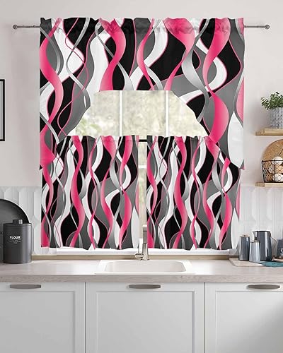 Miniatura 2 de Juego de 3 cortinas de cocina con festón rosa y negro, 3 piezas con bolsillo para barra, cortinas para dormitorio, sala de estar, baño, ventanas,
