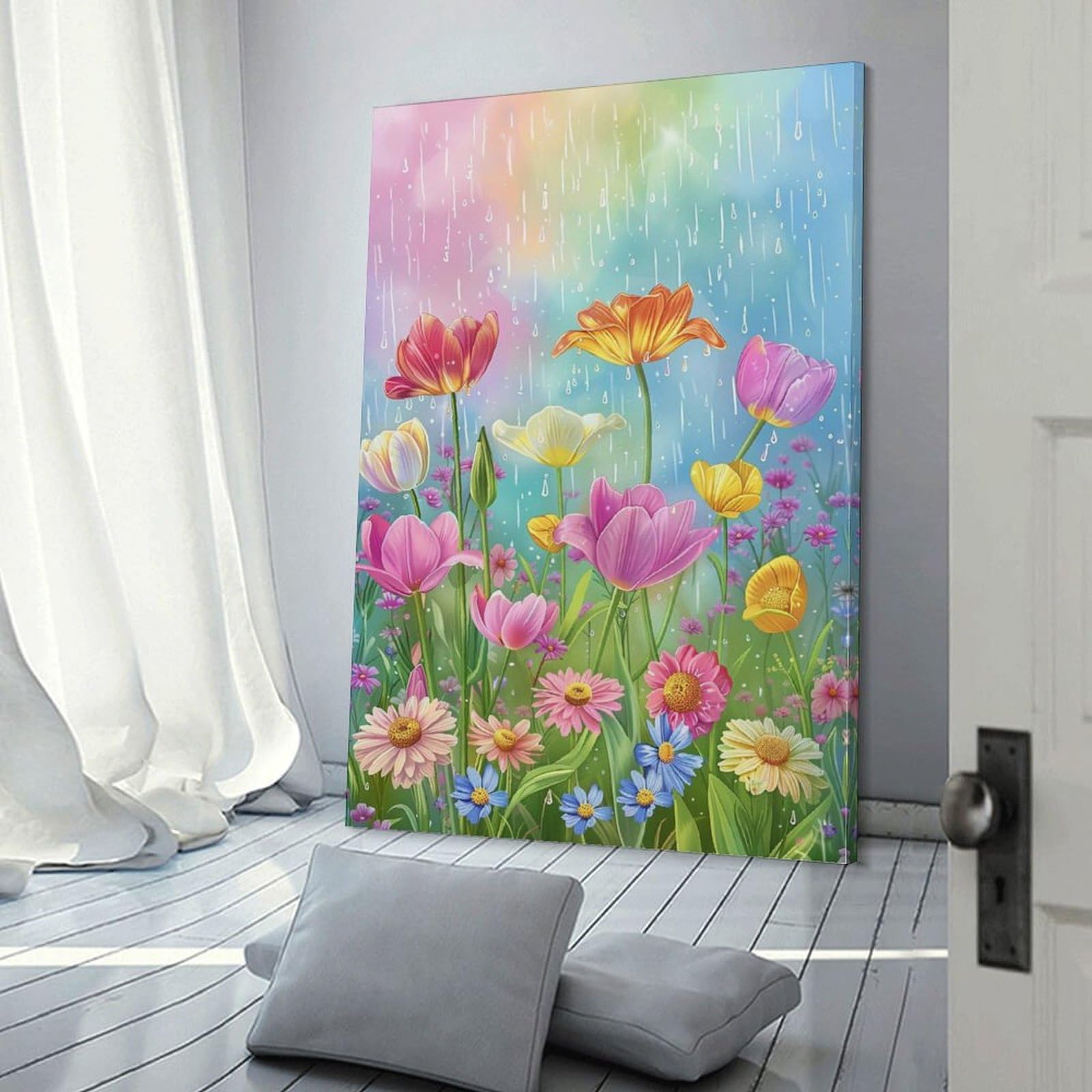 Amazon.co.jp: 絵画 春の雨の下、色とりどりの野の花が咲きます