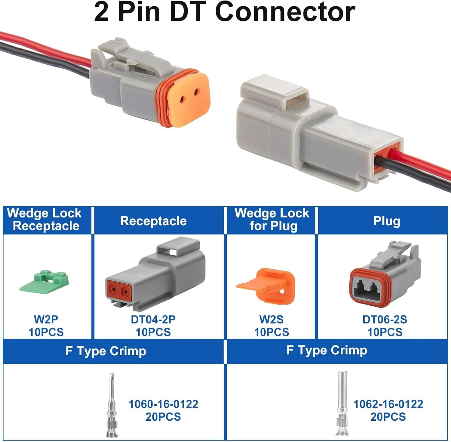 Linkstyle 10 Sets Deutsch 2 Pin DT Connectors Kit, DT04-2P DT06-2S Waterproof Electrical Wire Connector, with Size #16 Solid Contacts 16-22AWG for Truck, Marine, Automotive