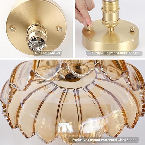 Miniatura 8 de Lámpara de techo semiempotrada, luces vintage de pasillo dorado con cristal de peonía ámbar, bombilla incluida, base de 4.72 pulgadas, lámpara de