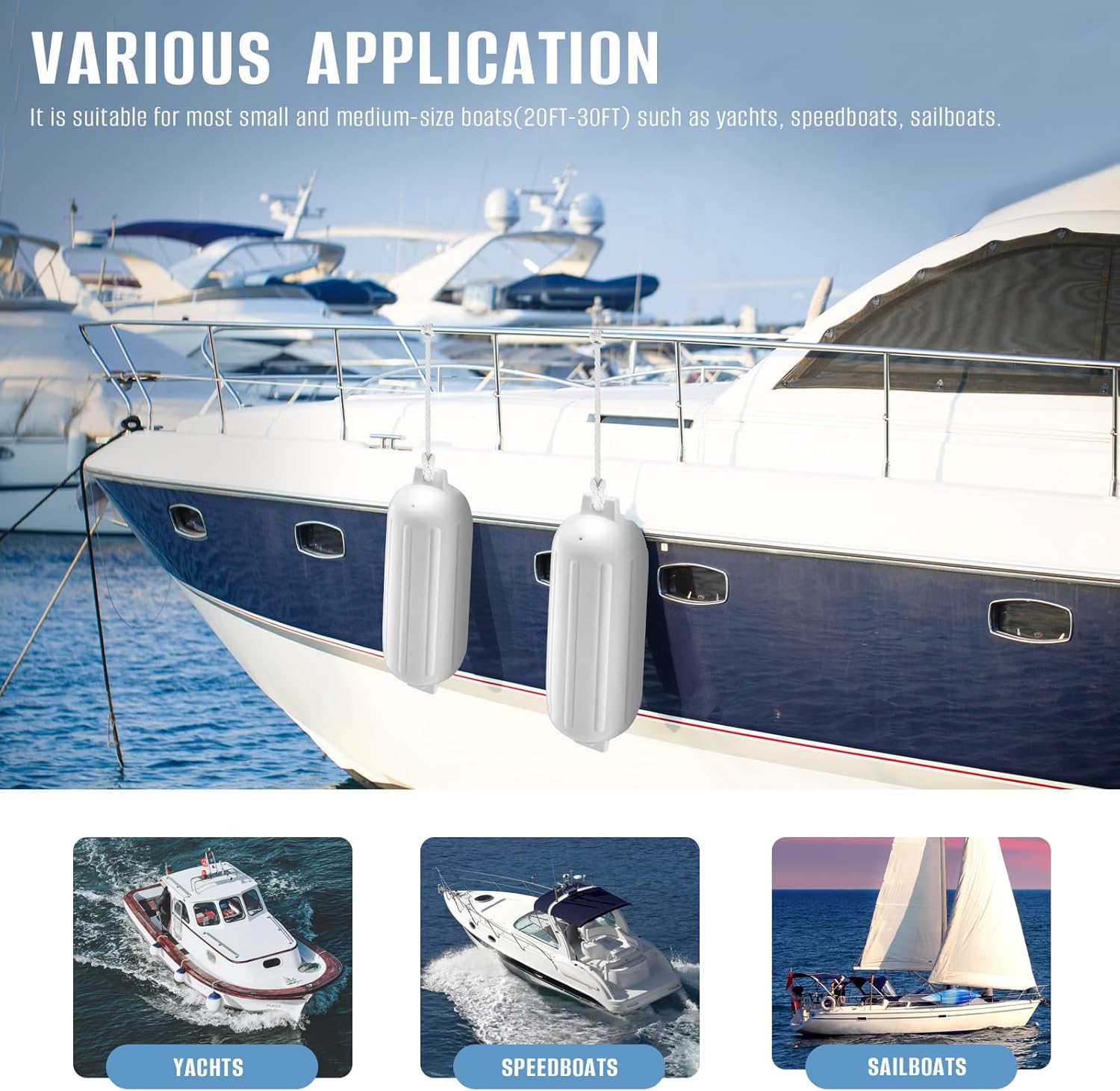 8.5 x 27 Inches Twin Eyes Ribbed Boat Fenders 4 Pack Boat Fenders Bumpers with Lines and Pump to Inflate for Docking