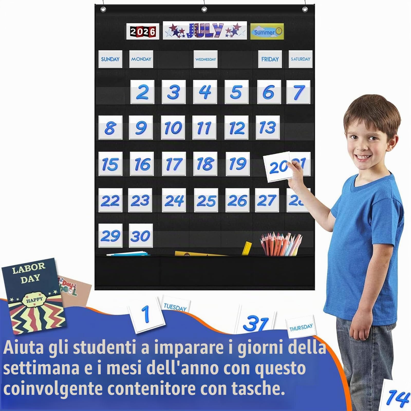 Eamay Calendario mensile in aula con 43 tasche, 3 tasche portaoggetti per facile parete o supporto grafico (nero)