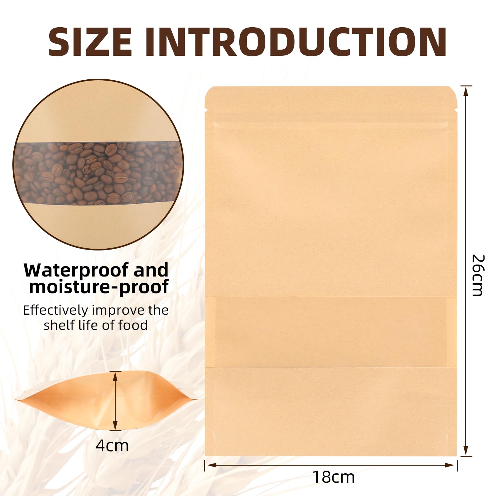 50 sacchetti di carta kraft con finestra - Sacchetti di carta kraft richiudibili 18 x 26 cm - Carta kraft - Per frutta secca, dolci, foglie di tè - Ideale per piccole imprese, case (marrone)