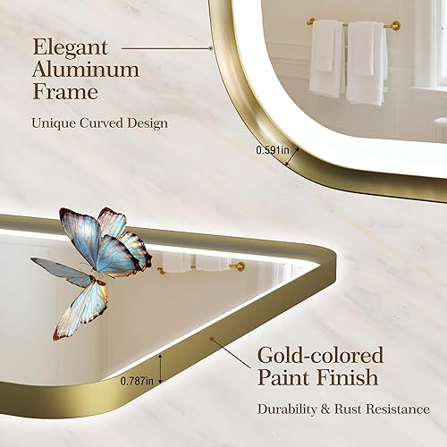 Miniatura 2 de S'bagno Espejo LED dorado de 32 x 24 pulgadas para baño con luz frontal y retroiluminada, espejo de baño LED con marco de metal, antivaho, regulable