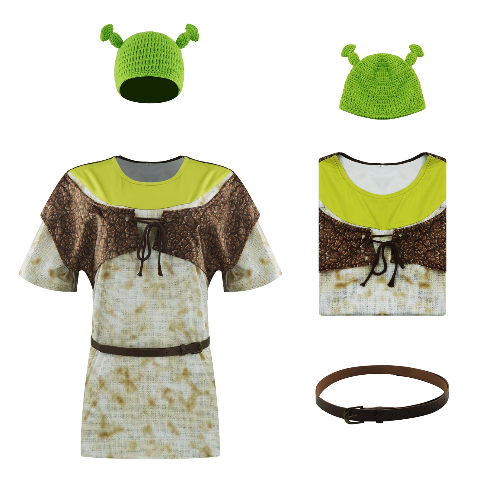 AYYOHON Green Ogre Costume Leather Vest Ears Hat Set Sublimated Halloween T Shirt Knitted Ears Beanie Adult Cosplay Outfits M - Image 6