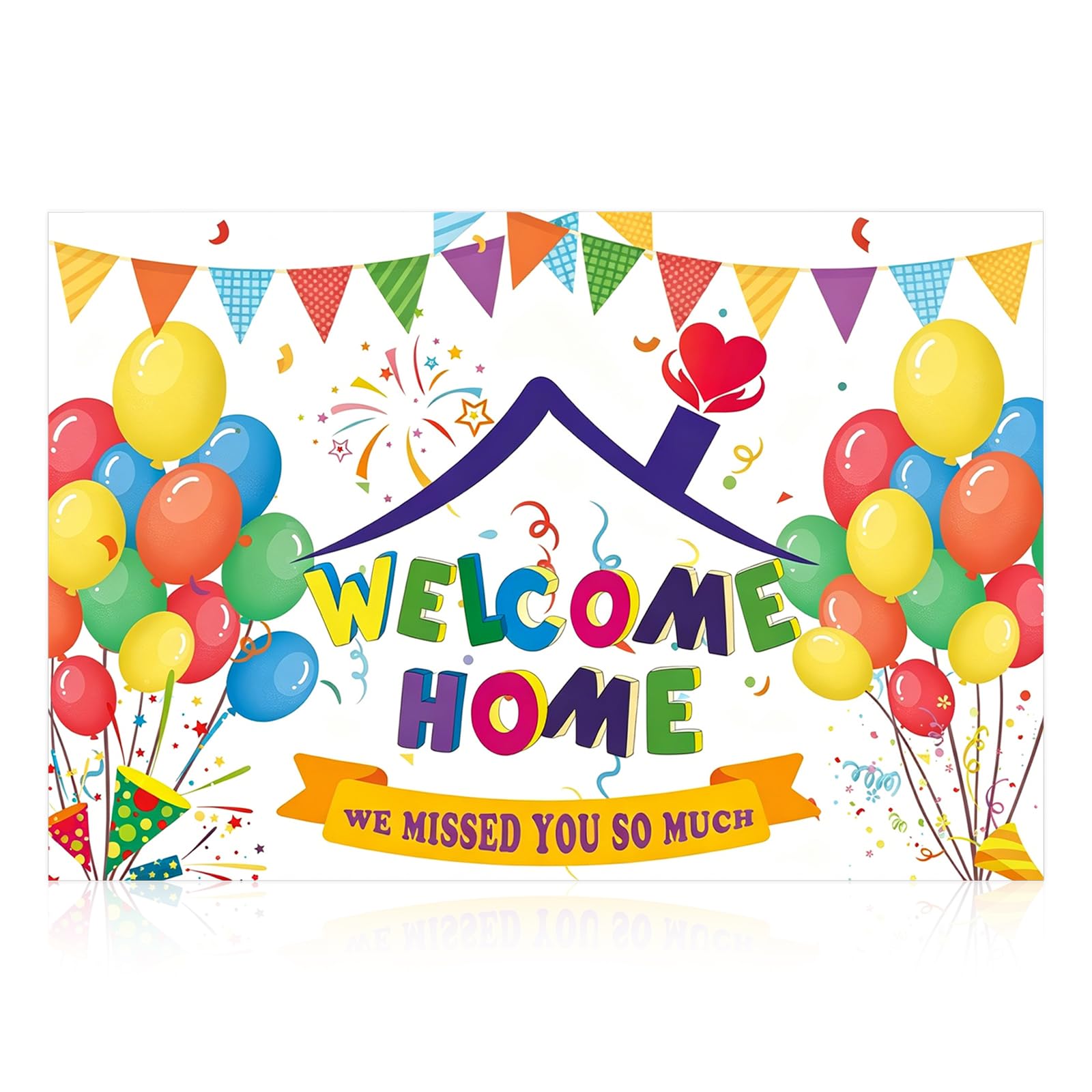 Welcome Home Banner 5 x 3 ft, Colourful Welcome Home Decorations with Balloons Bunting and We Missed You So Much, Welcome Back Banner for Family Return Party, Indoor Outdoor Photo Backdrop
