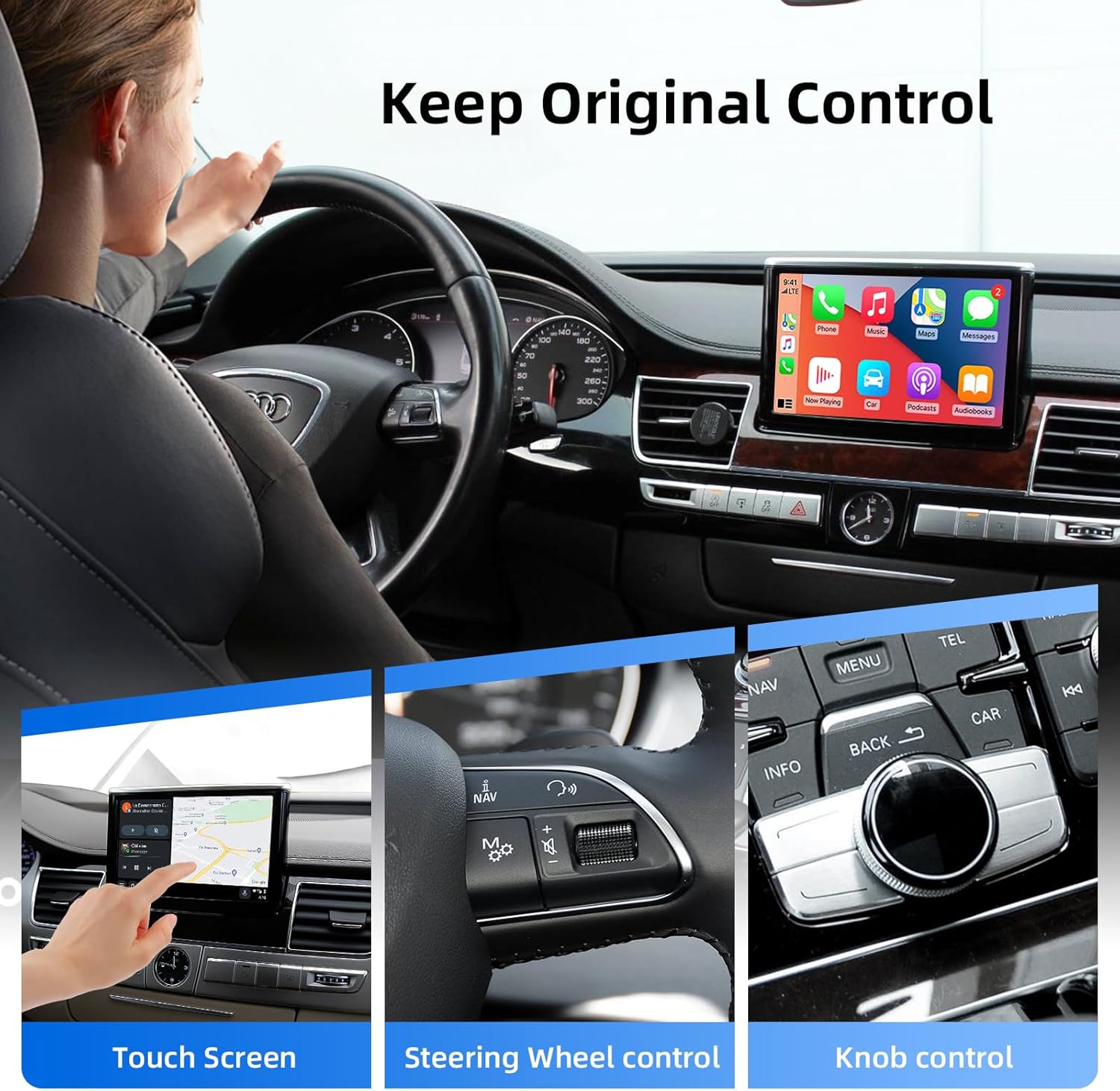 Car interior showing retention of original controls like touchscreen, steering wheel, and MMI knob