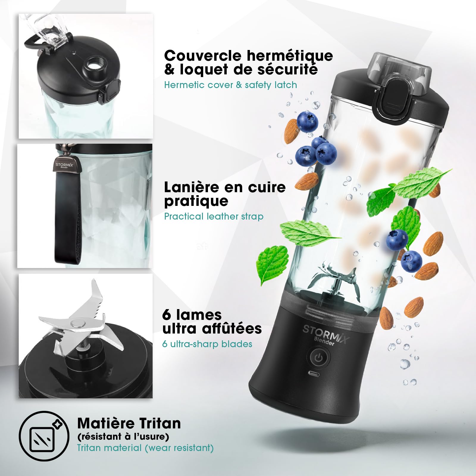 STORMIX - Batidora portátil y bolsa isotérmica - Batidora potente 150 W - 6 cuchillas de acero inoxidable - batidos, cocteleras, hielo picado - USB-C recargable - funda termoaislante - fácil