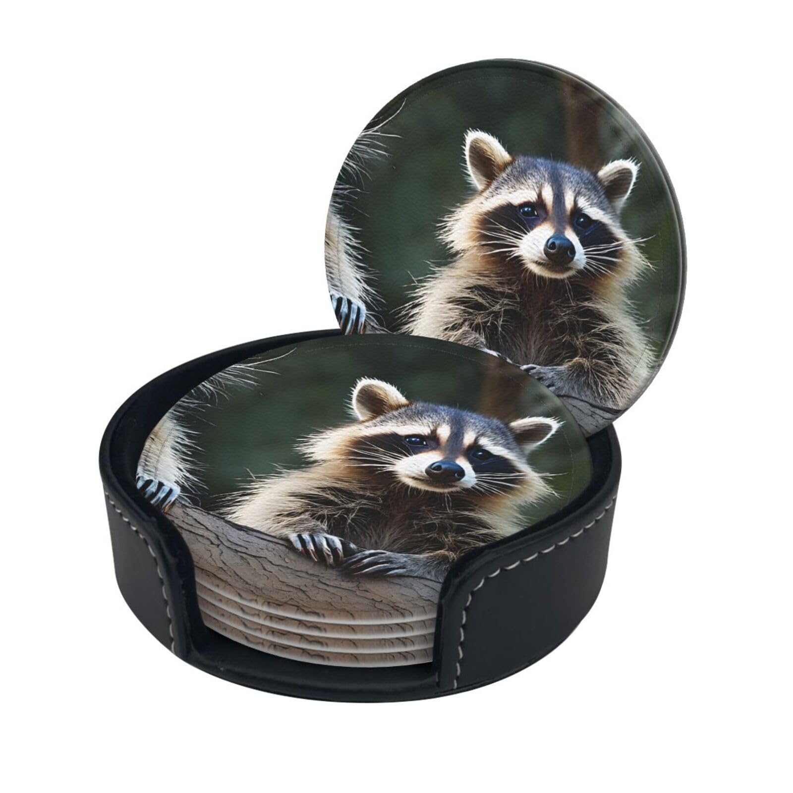 Little Raccoon Face Print Coaster,Round Leather Coasters with Storage Box for Wine Mugs,Cold Drinks and Cups Tabletop Protection (6 Piece)