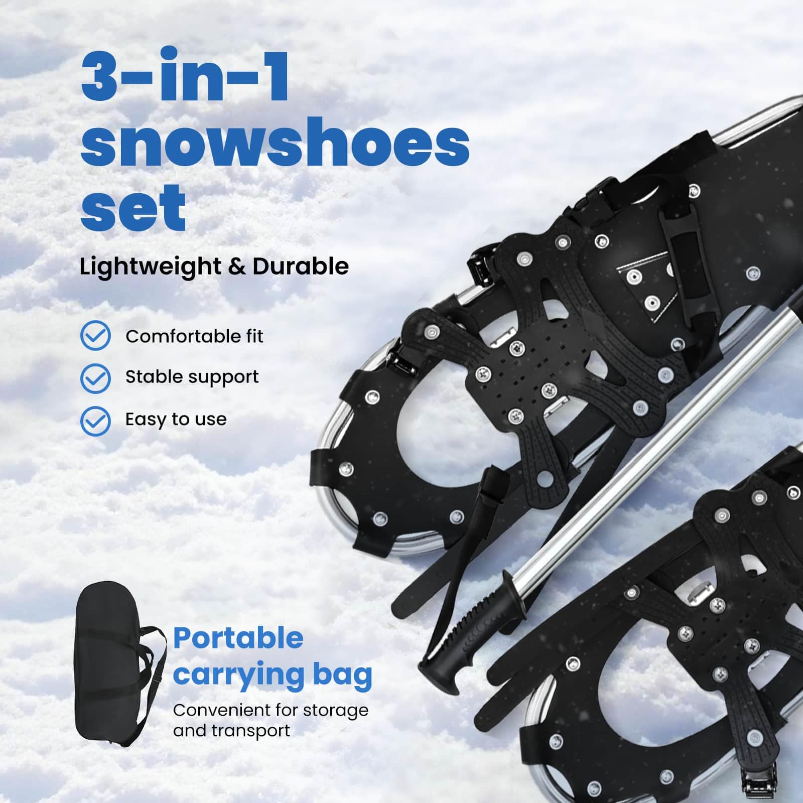vidaXL Racchette da Neve 3 in 1 con bastoni da Trekking Argento e Nero, Ciaspole in Alluminio per Il Giardino, Attrezzatura Outdoor Regolabile, Accessori Moderni per Camminare sulla Neve