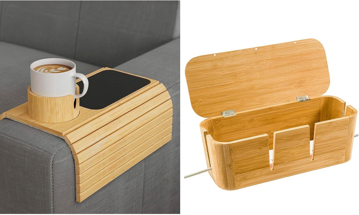 BSVOG Couch Cup Holder + Cable Management Box, Bamboo