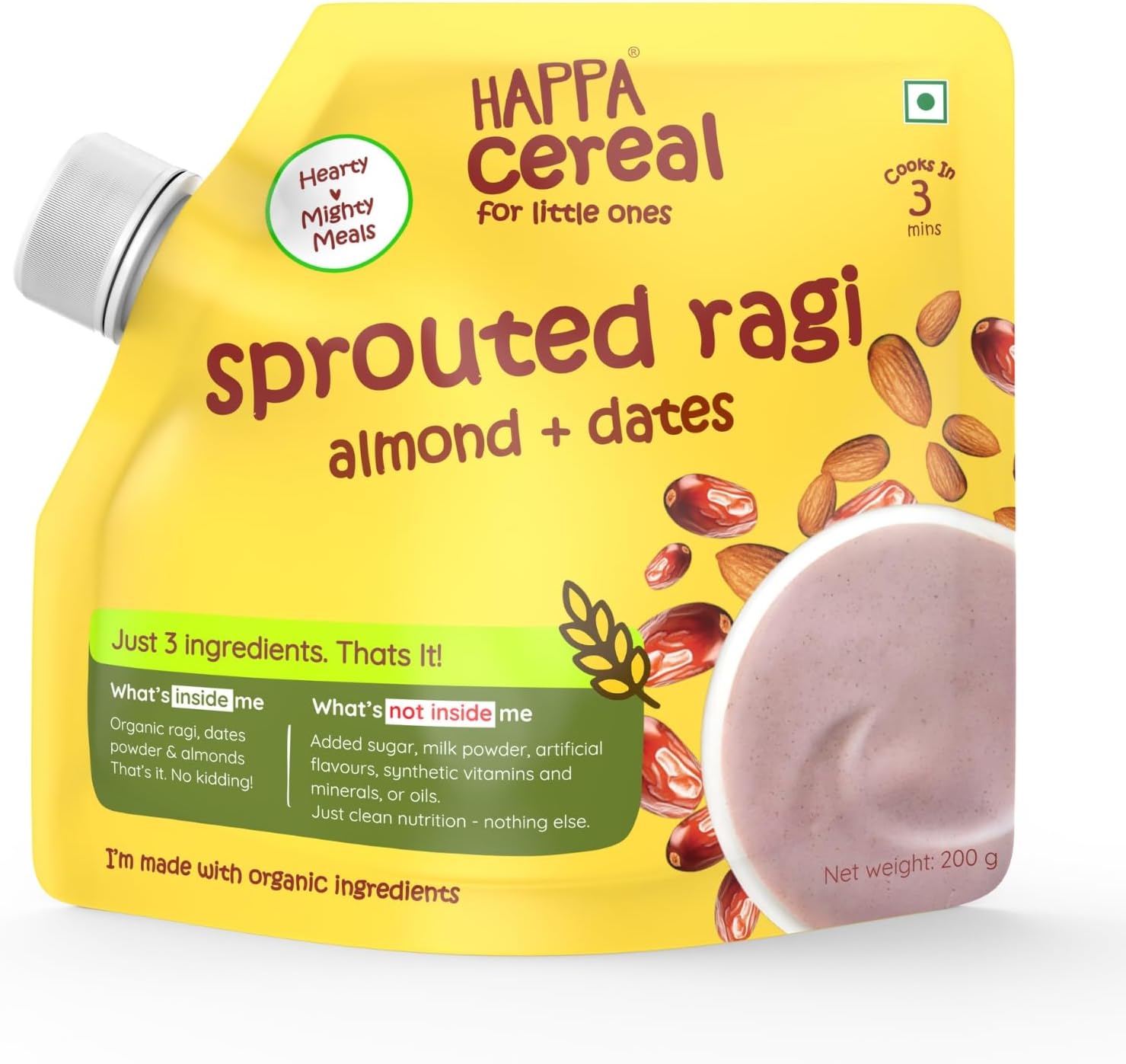 Happa Ragi Almonds Dates Organic Cereal for Babies | Only 3 Ingredients | No Sugar, Oil, Milk Powder, Flavours or Colours | Traditional Porridge Recipe | Cooks in 3 Minutes | Stage 2 (6 Months+) | 200g Pack