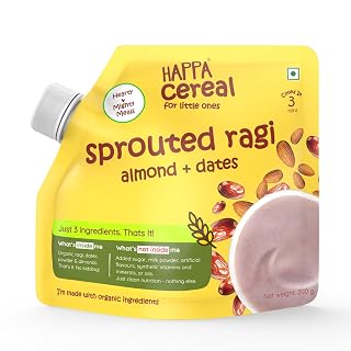 Happa Ragi Almonds Dates Organic Cereal for Babies | Only 3 Ingredients | No Sugar, Oil, Milk Powder, Flavours or Colours | Traditional Porridge Recipe | Cooks in 3 Minutes | Stage 2 (6 Months+) | 200g Pack
