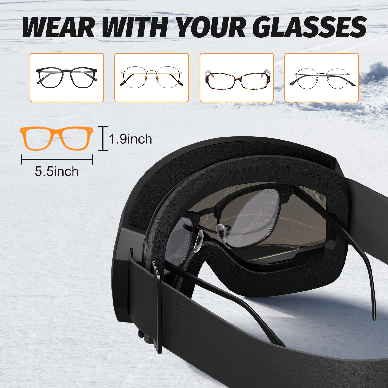 Occhiali da sci Snowboard Snowmobile Uomini Donne Giovani, Anti Nebbia Sopra Occhiali OTG Snowboard Sci Neve Sport Occhiali Adulto