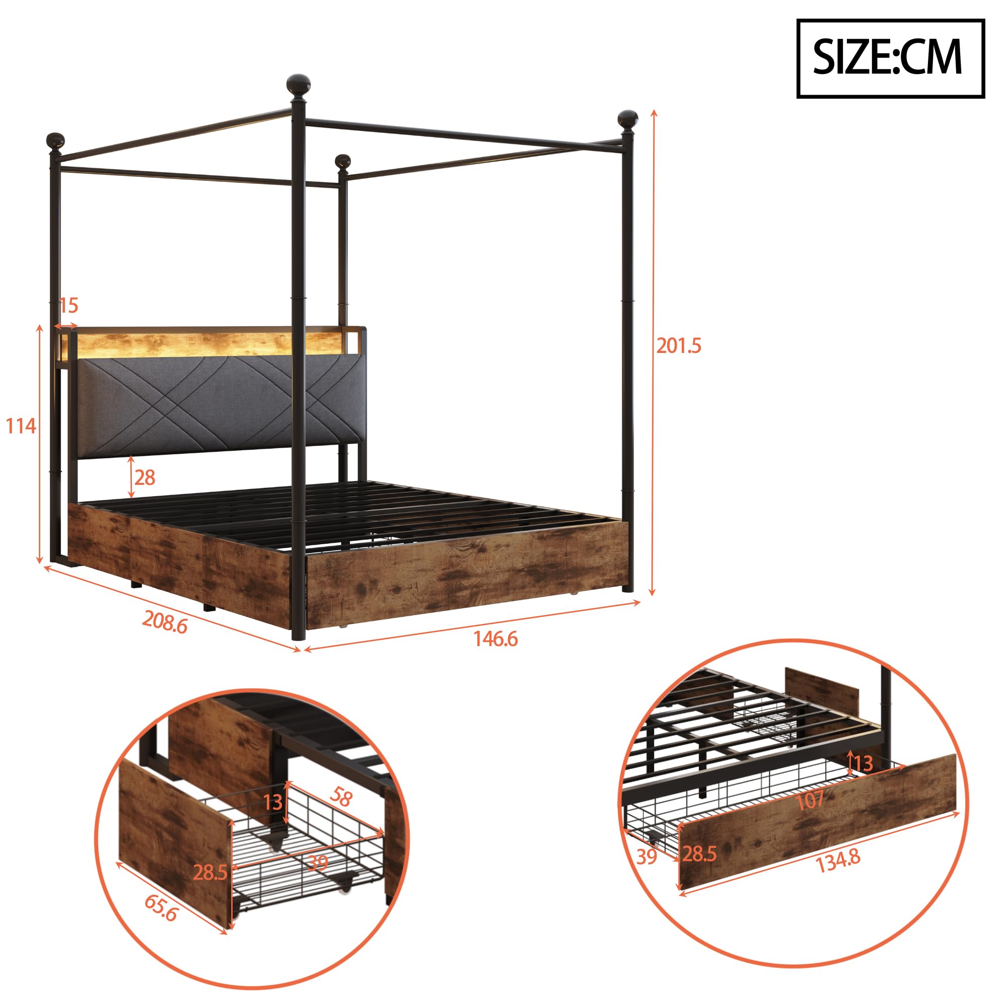 Lit double 140 x 190 cm noir – Lit en métal, lit avec espace de rangement, 3 tiroirs, baldaquin, lit à baldaquin, LED, USB, adultes et adolescents, charge maximale de 220 kg
