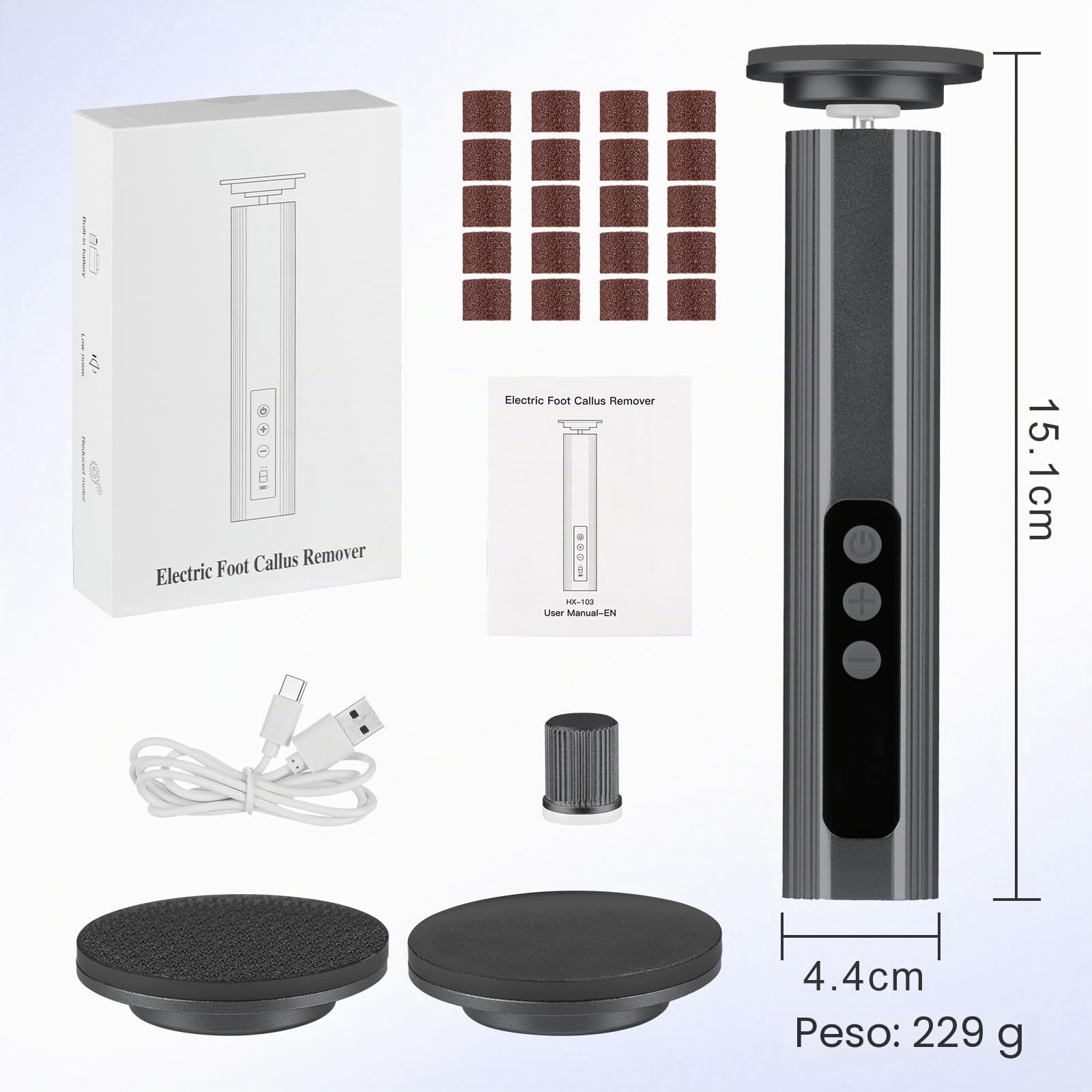 2 en 1 Lima Electrica Pies Durezas Inalámbrica 2600mAh con 9 Velocidades Ajustables, Maquina Quita Callos Pies 2 Placa Pulido de Vidrio Nano, Limador de Durezas Electrico, Gris