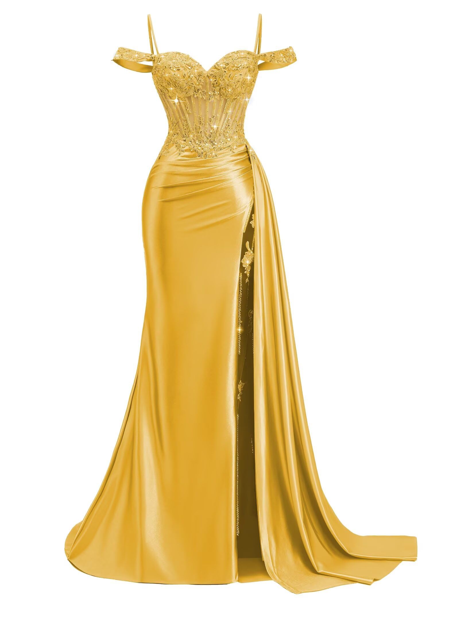 Schulterfreie Satin Ballkleider Damen Lang,Meerjungfrau Spitzen Abendkleider mit Schleppe Spaghettiträger Perlen Ballkleid mit Schlitz