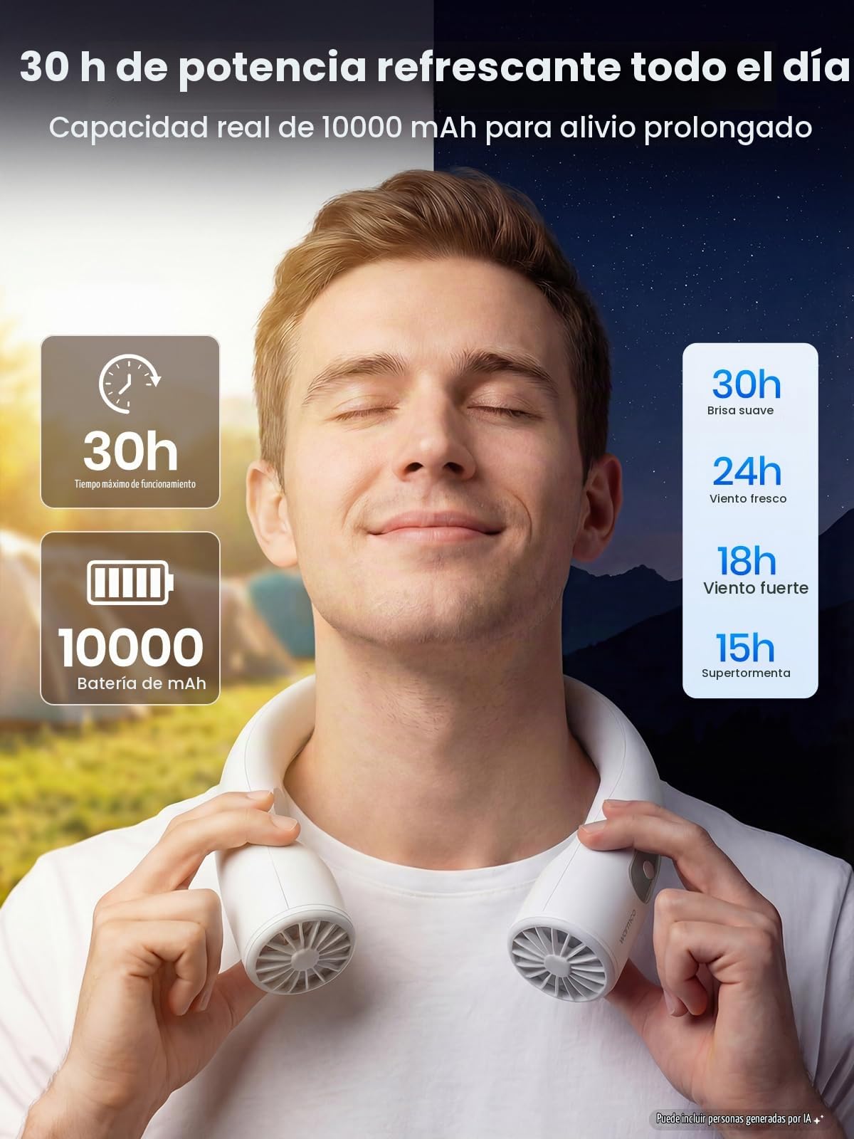 Warmco Ventilador cervical de 10000 mAh – Ventilador de cuello personal alimentado por batería, refrigeración de 360°, 4 velocidades, tiempo de funcionamiento de 24 horas, portátil para oficina