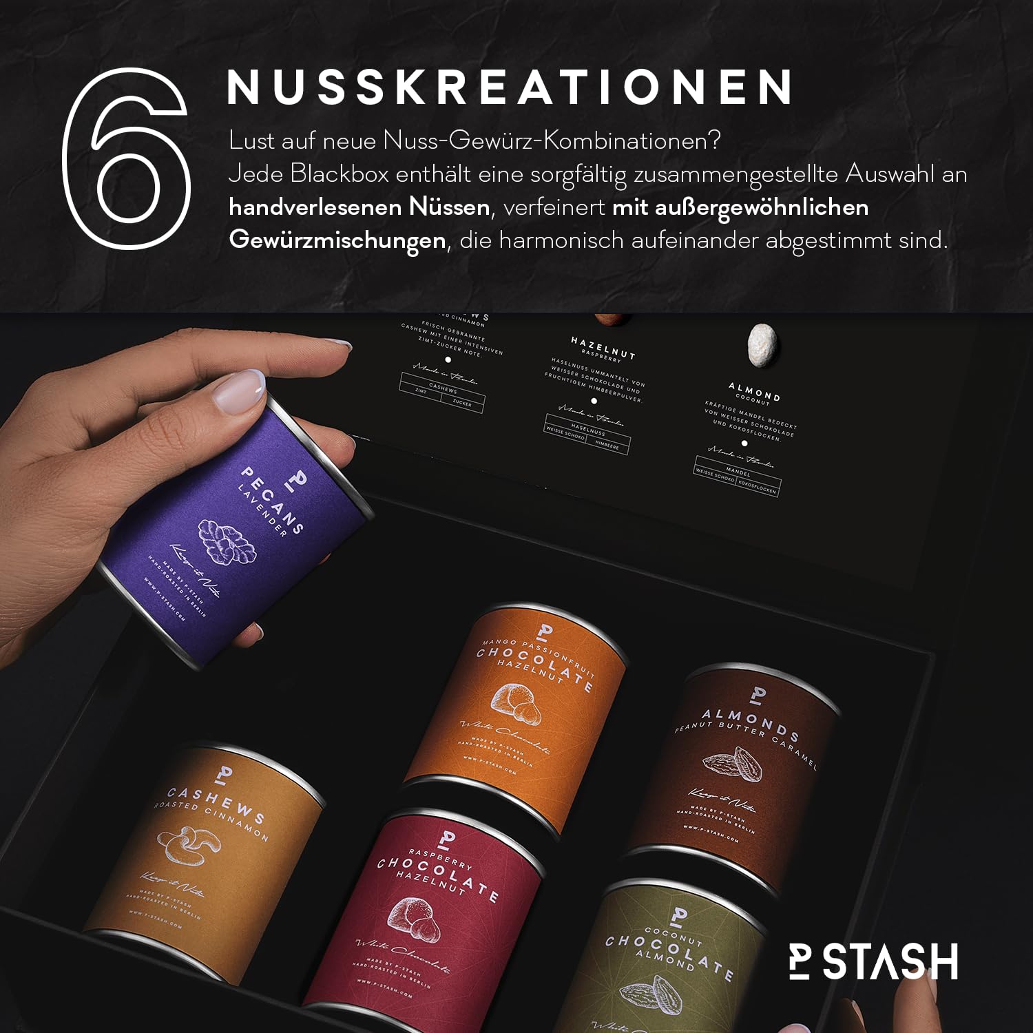 P-Stash Black Box Nussmischung Sweet Temptation - 6er Box Nüsse Mix - Pekannüsse, Haselnüsse, Mandeln & Cashews - Mixed Nuts mit einzigartigen Gewürzkombinationen, handgeröstet in Berlin