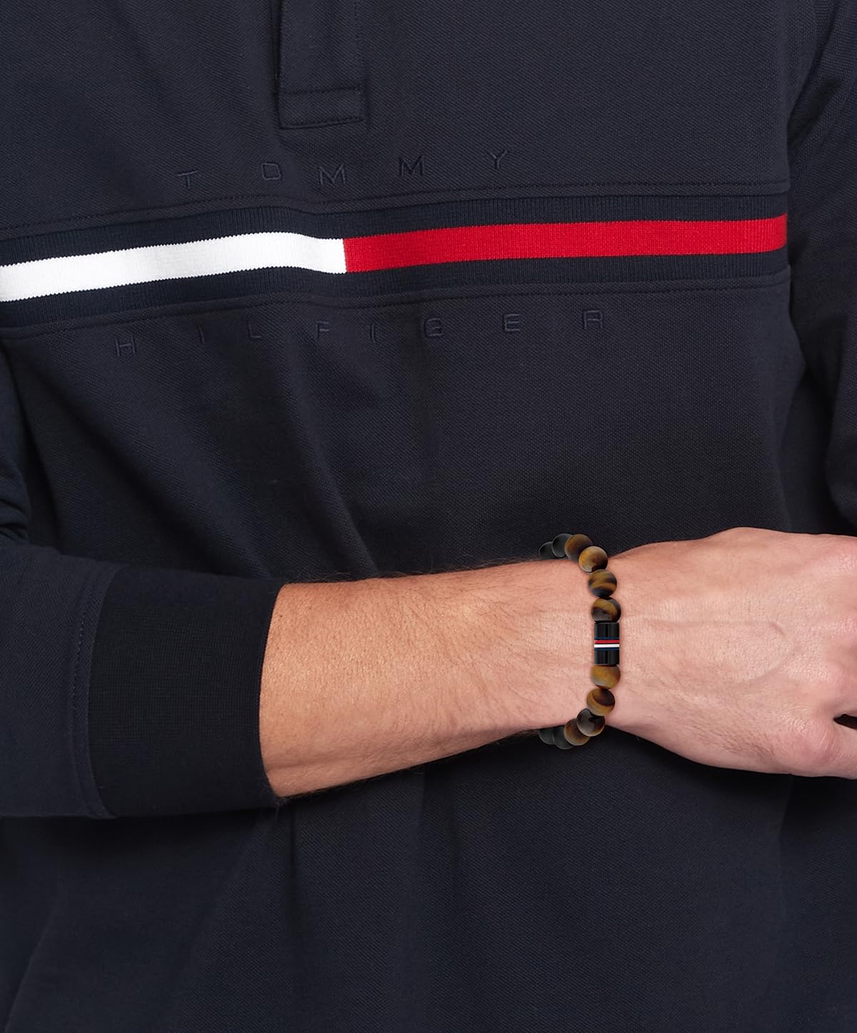 Tommy Hilfiger Biżuteria męska bransoletka z koralikami z sodalitem, hematytem i czarnym onyksem lub czarnym onyksem, tygrysie oko i koraliki z ciemnego drewna