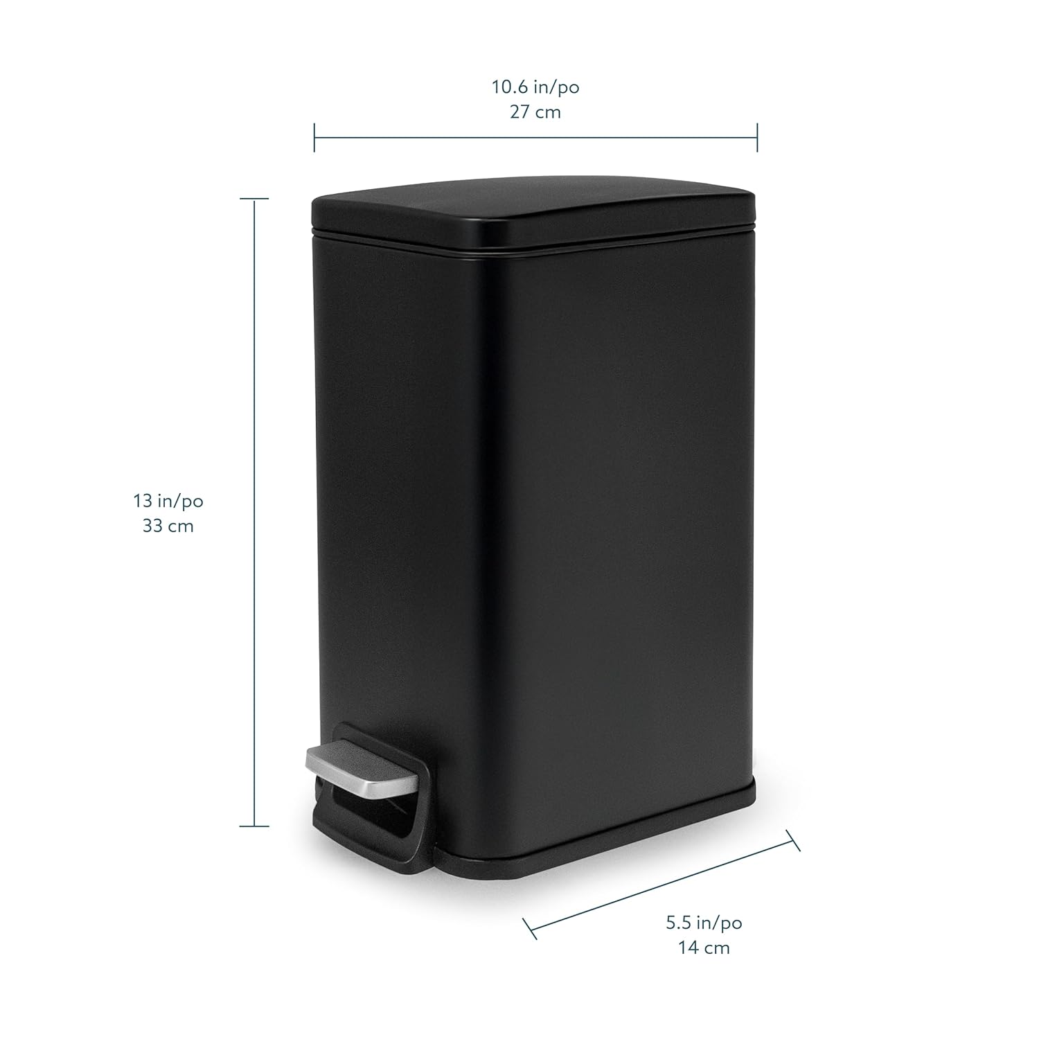 Slim Rectangular Bin with Lid, Small Covered Trashcan, Matte Black, 1.6 Gallon 6L, Soft Close Pedal Garbage Bin, Removable Bucket Dustbin for Kitchen, Bedroom, Office, Dorm, Apartment