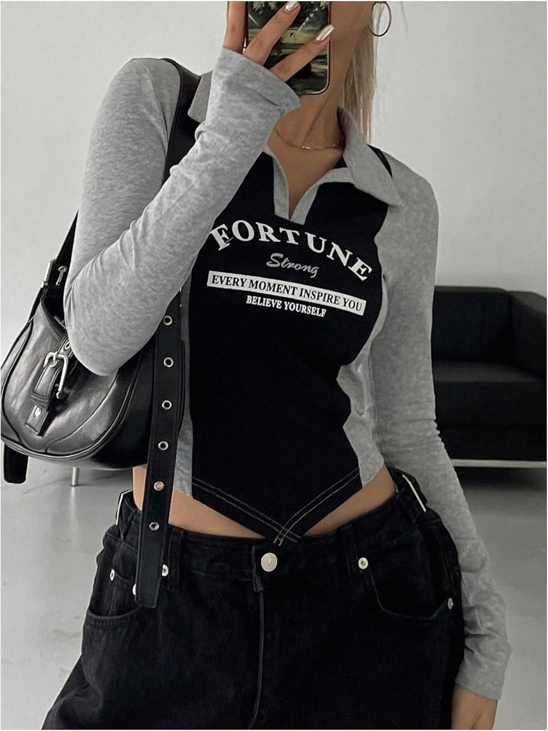 SHENHE Women's Long Sleeve Shirt Slim Fit Color Block Y2k Graphic Crop Tee Shirt Going Out Top - Image 4