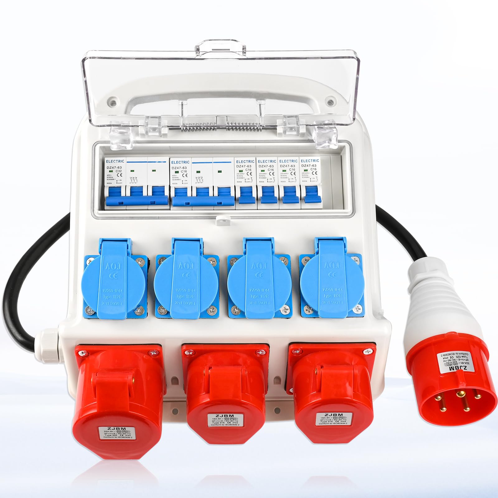 Warmfay Distribuidor de pared precableado, 4 enchufes Schuko de 230 V + 2 x CEE 16 A + 1 x CEE 32 A, distribuidor de corriente con interruptor protector, IP67, carcasa resistente al agua para interior