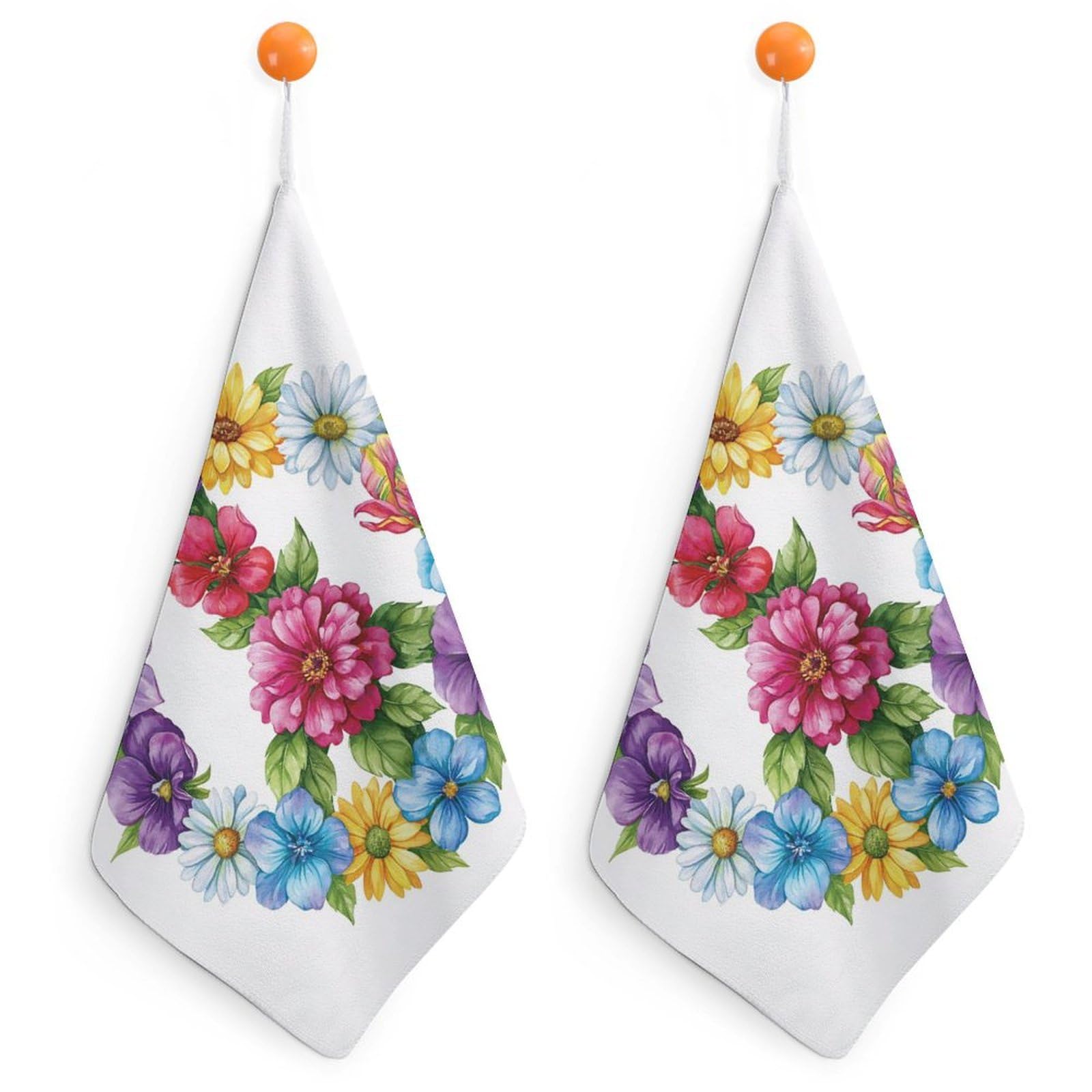 Jubonexis Colorful Flowers The Peace Symbol Small Hand Towel with Hanging Loop 2 PCS Absorbent Soft Wash Cloth for Kitchen Bathroom