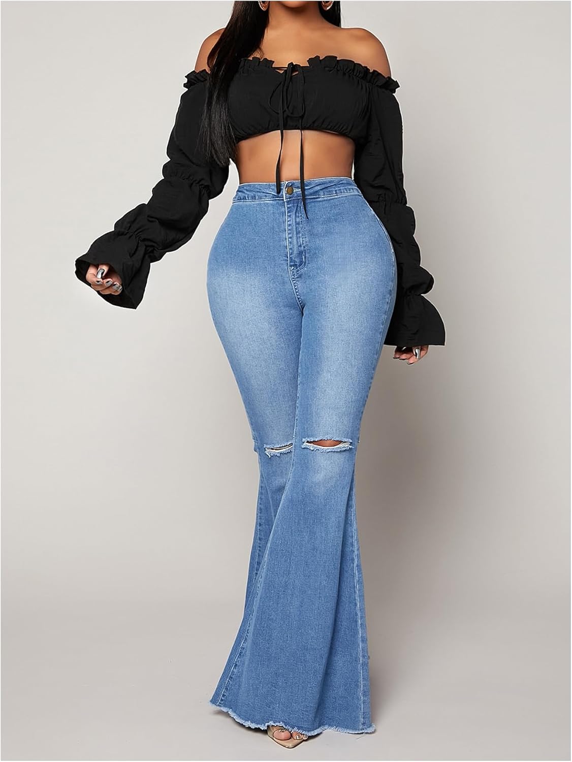 Women's Frill Off The Shoulder Crop Tops Puff Long Sleeve Tie Front Blouses Shirts - Image 5