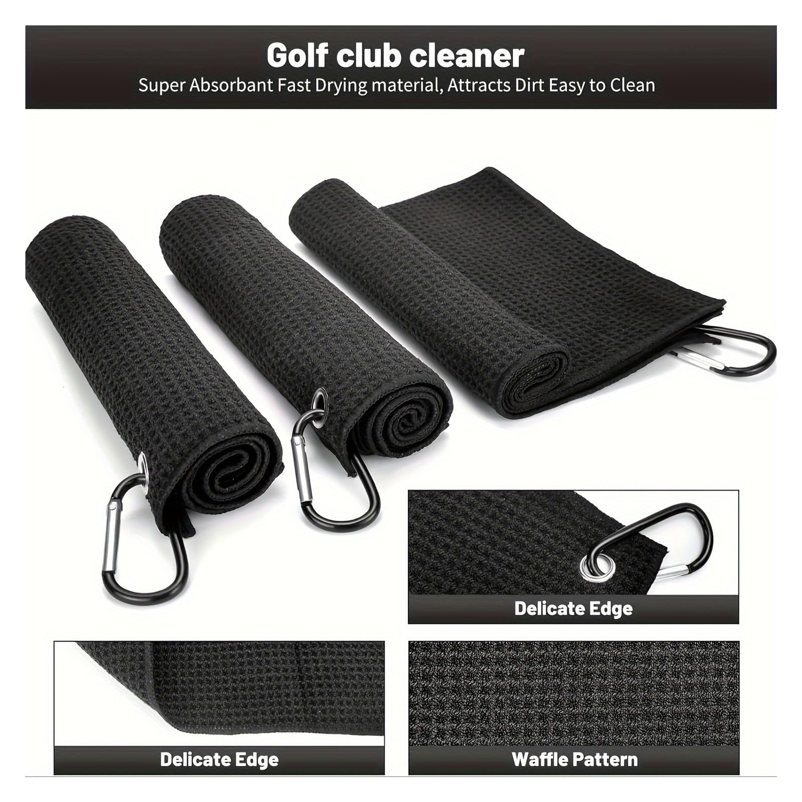 1 Stück schwarzes Golfhandtuch aus Mikrofaser mit Waffelmuster (30 x 50 cm, 12 x 20 Zoll) | Club Groove-Reinigungsbürste | Faltbarer Divot-Rep