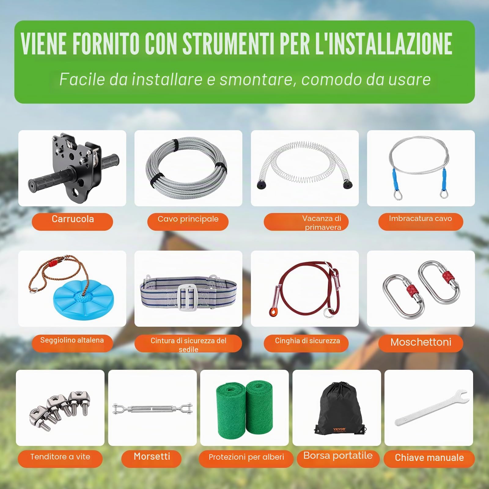 VEVOR Kit Teleferica Zipline 24,38 m Giardino Cortile Parco Corda Scivolo Corrimano Seduta Carico Max 149 kg