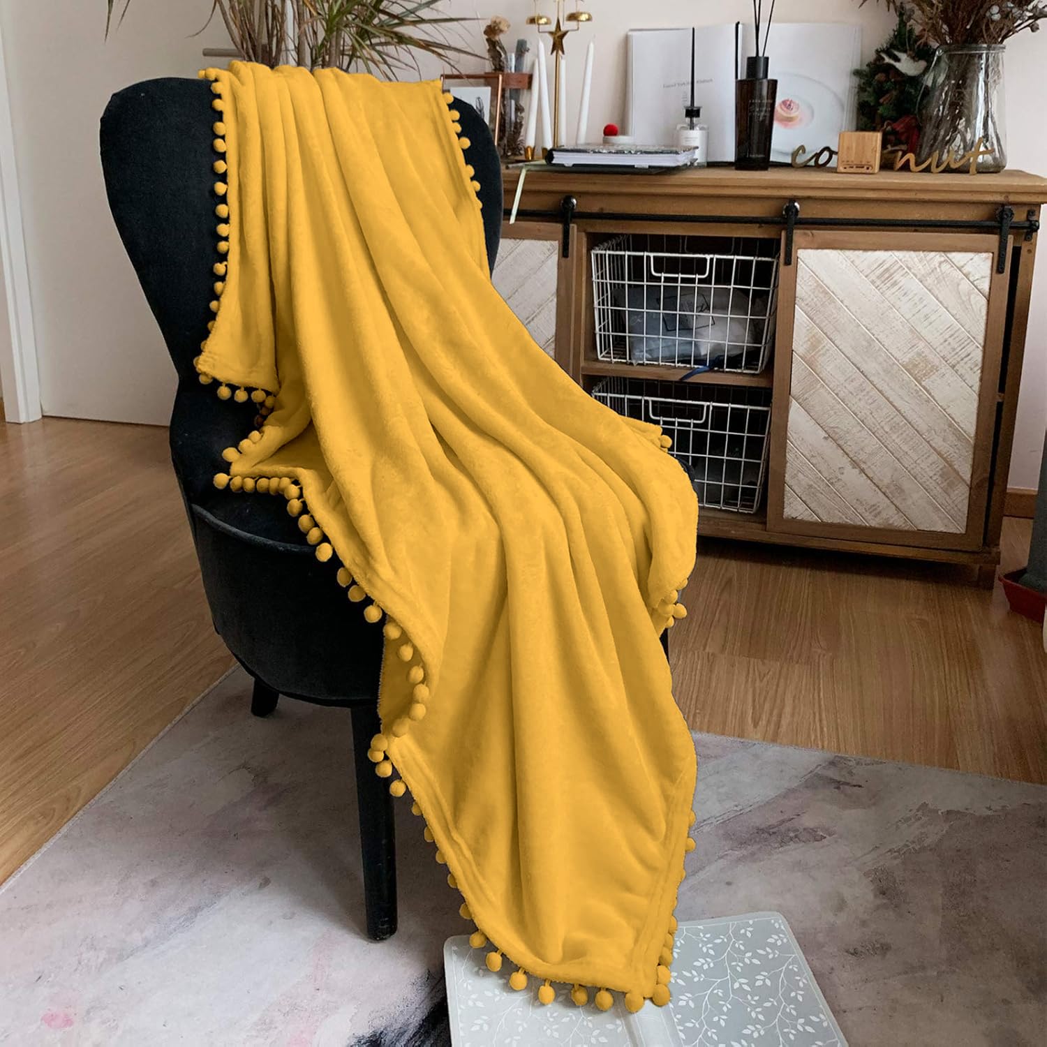 Yorkshire Homeware Pom Pom Throw Blanket Super Soft Warm Sofa Couch Bed Snuggling Travel Blankets Pom Sofa Bed Throw Gift Size Double 200cm x 240cm (Mustard)