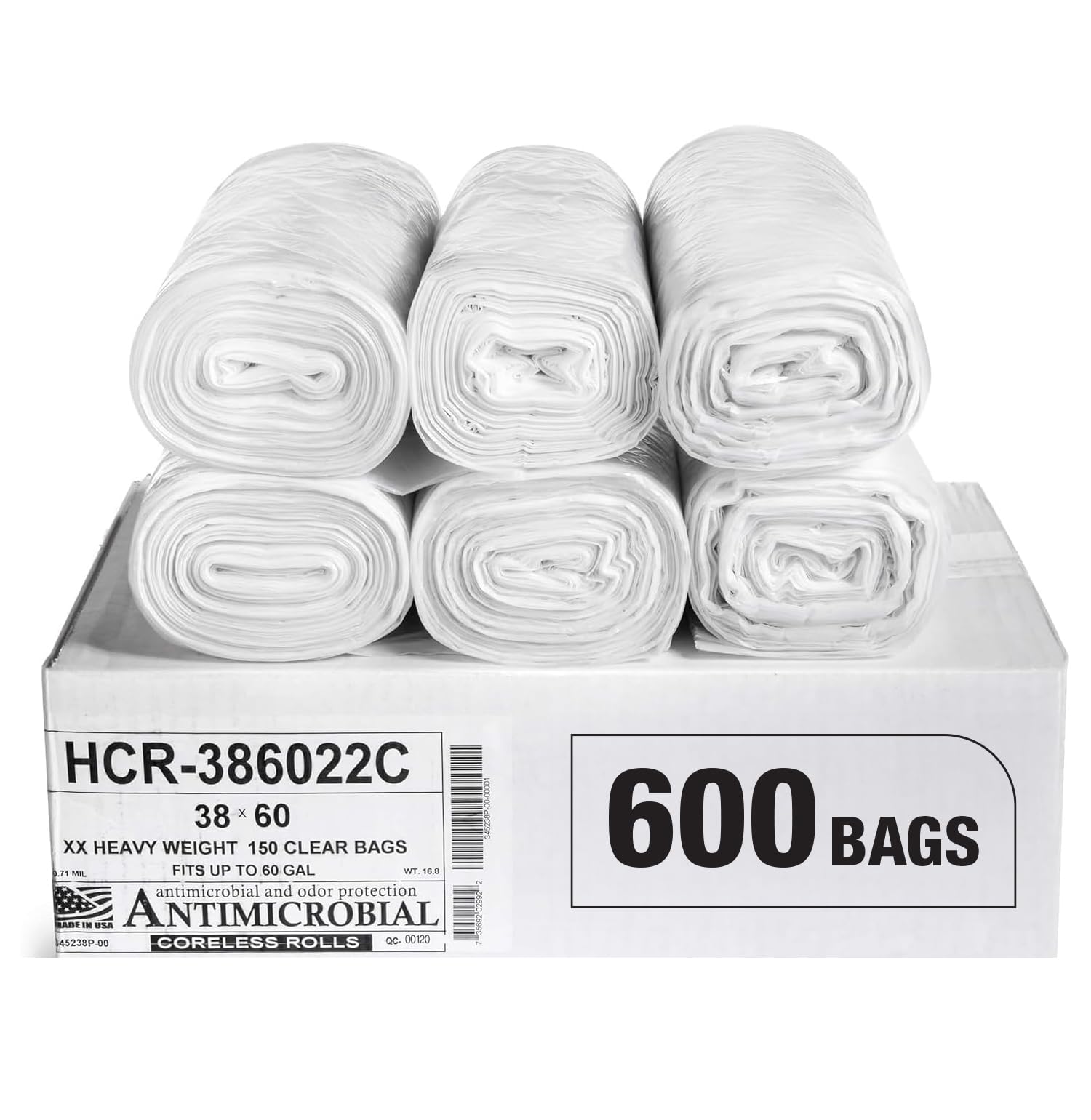 Aluf Plastics 60 Gallon 22 Micron (eq) Clear Trash Bags, 38" x 60" 600 Bags
