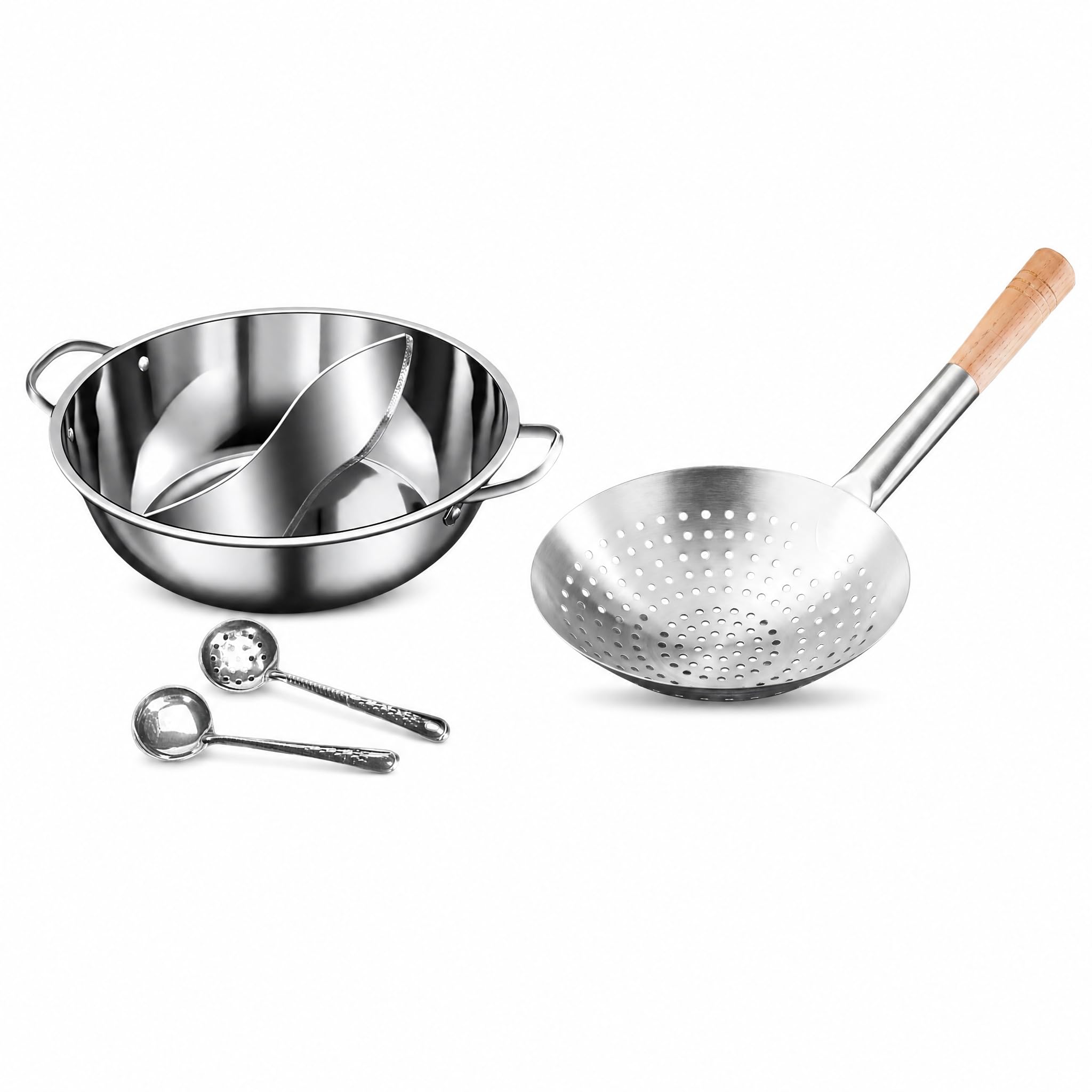 Gralara Geteilter Shabu Shabu Topf Aus Edelstahl mit Metallseihlöffel Und Suppenkelle für Heißes Pot Und Nudelgerichte für Küchenarbeit