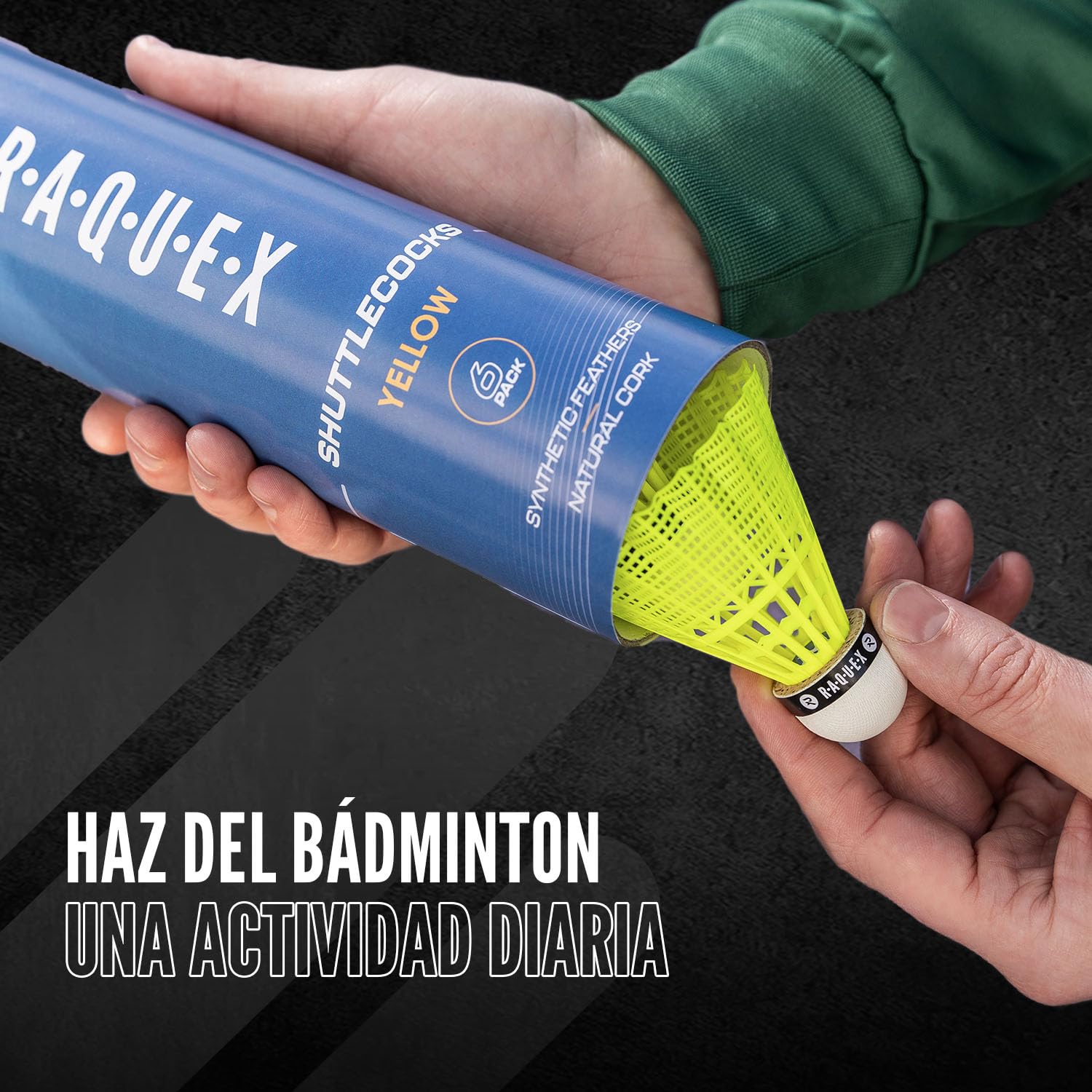 Raquex Tubo de 6 Volantes de Bádminton de Nailon y Corcho Natural, 3 Velocidades, Blanco/Amarillo