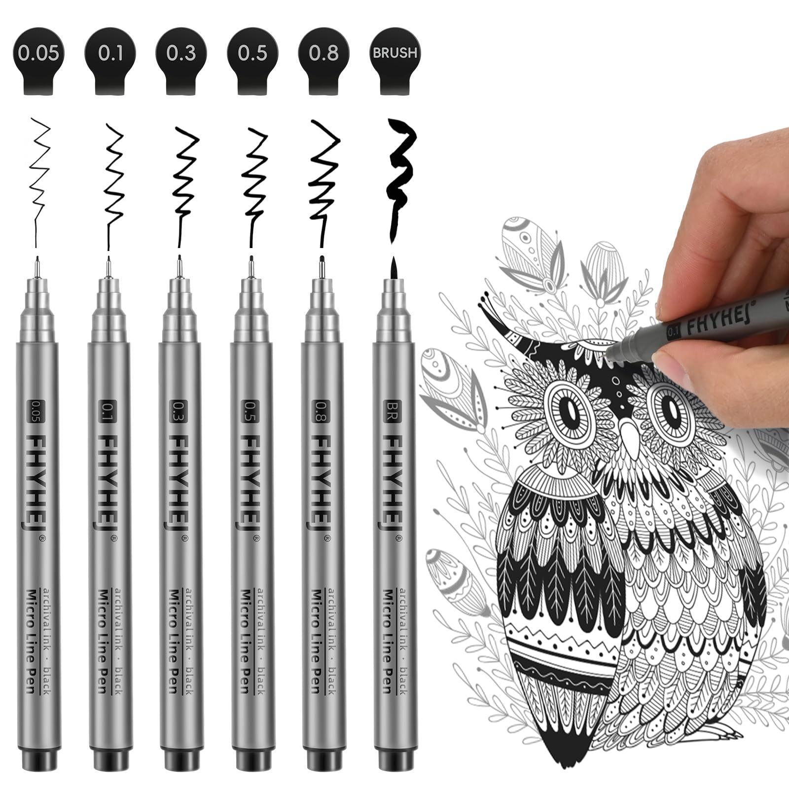 Fhyhej Micro Fineliner Drawing Art Pens: 6 Black Fine Line Ink Set Artist Supplies Archival Inking Markers Liner Professional Sketch Outline Anime Sketching Artist Illustration Watercolor