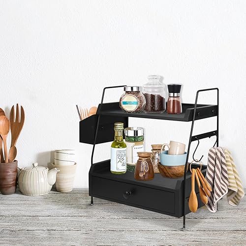 Miniatura 3 de Accesorios de barra de café y organizador de encimera, organizador de estación de café, estante de mostrador de 2 niveles con cajón, soporte para