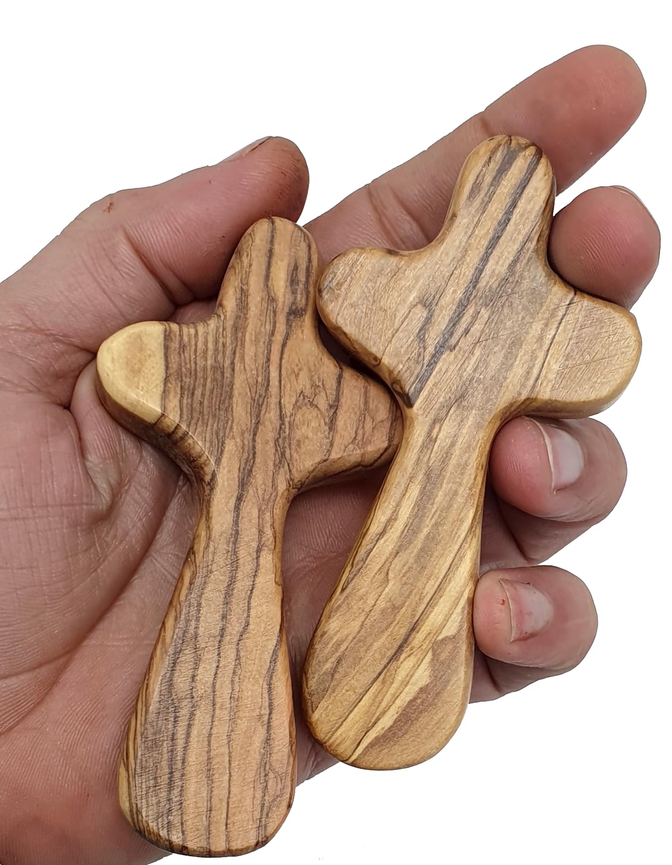 Zuluf 2 Medium Hand Crosses Olive Wood Christian Gifts with Certificates with Two Holy Land Certificates - Caring/Holding Healing Holy Land Crosses - 9.5cm / 3.7 Inches Each Cross - CRS107Z