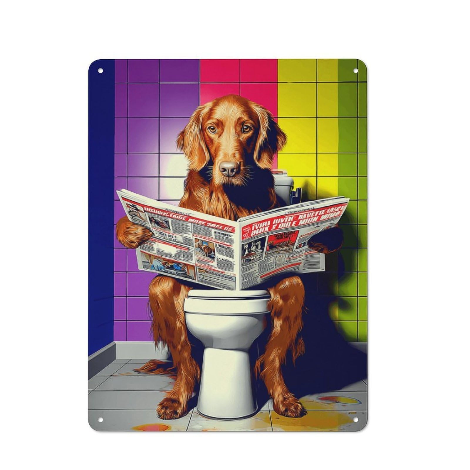 Dog Reading Newspaper on Toilet-36 Retro Metal Sign 40x30cm, Garage Style Shed Wall Plaque for Garage, Hobby Room, Office Or Man Cave