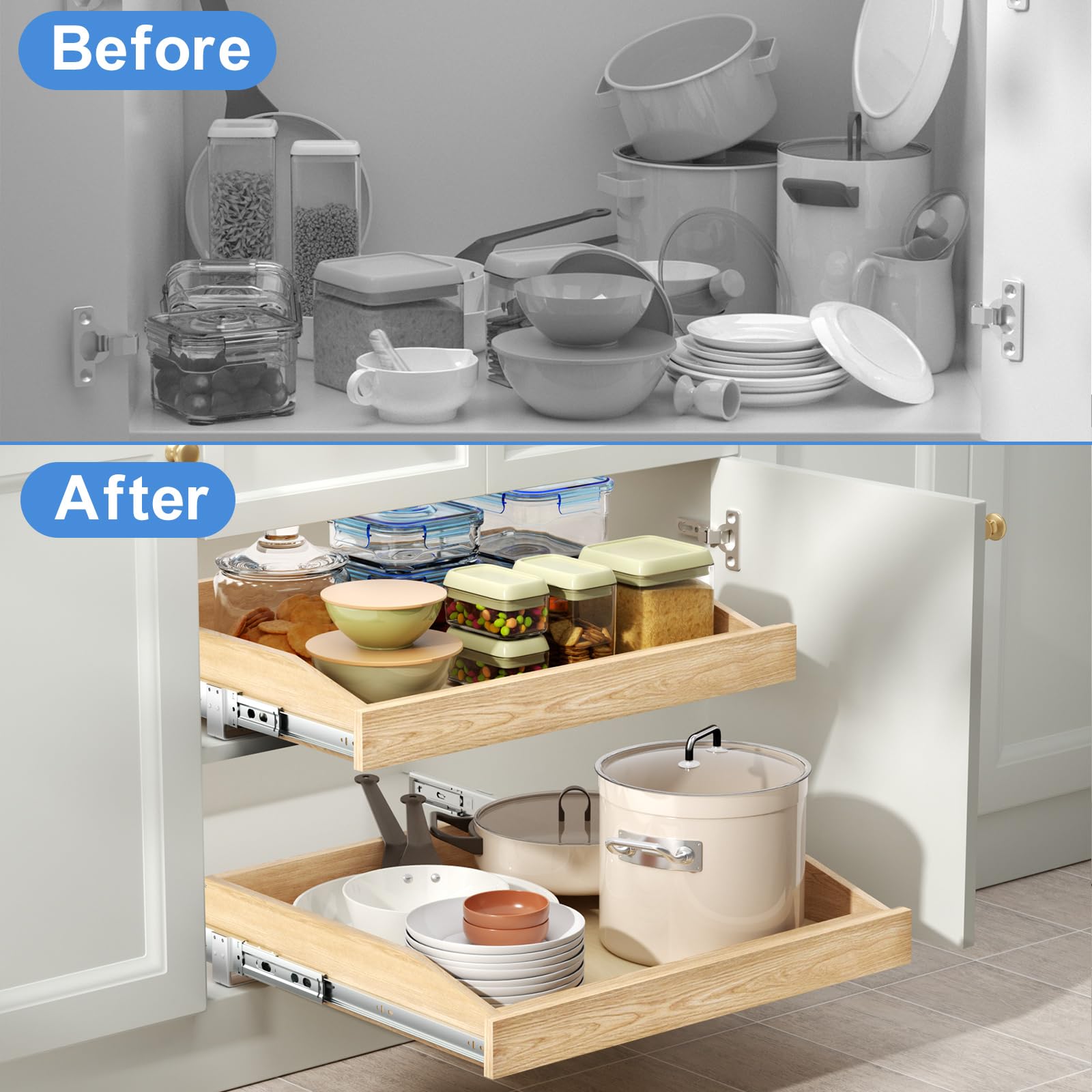 ROOMTEC Ausziehbarer Schrank-Organizer 57,9 cm B x 53,3 cm D, ausziehbare Schrankschublade für Küchenschränke, fertig, untere Montage, benötigt mindestens 58,4 cm Schranköffnung