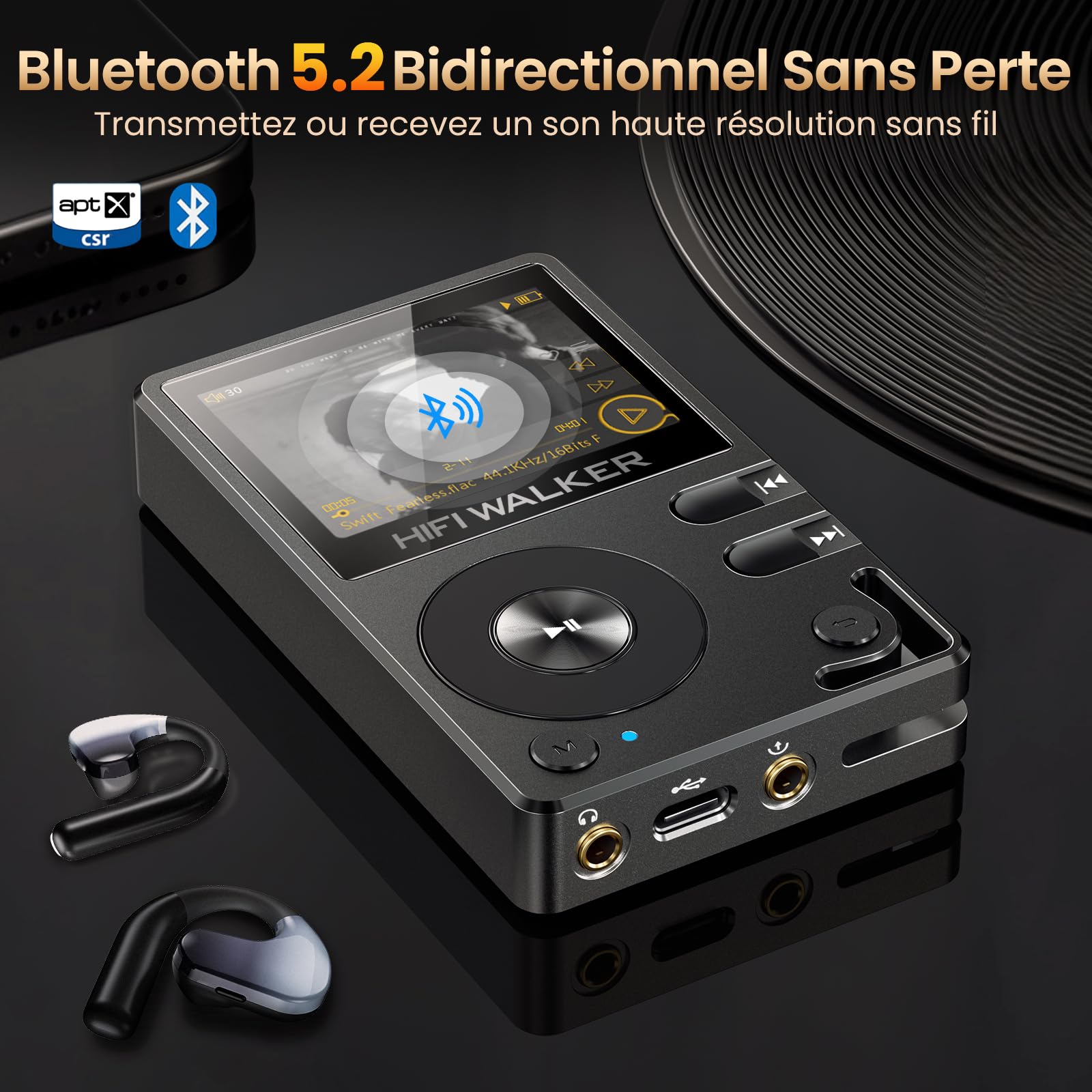 HIFI WALKER H2 128GO Lecteur MP3 Audiophile, Hi-Res FLAC/DSD, DAC, Bluetooth 5.2, Extensible Jusqu’à 512 Go, Boîtier Zinc Solide, Régulateur Alps