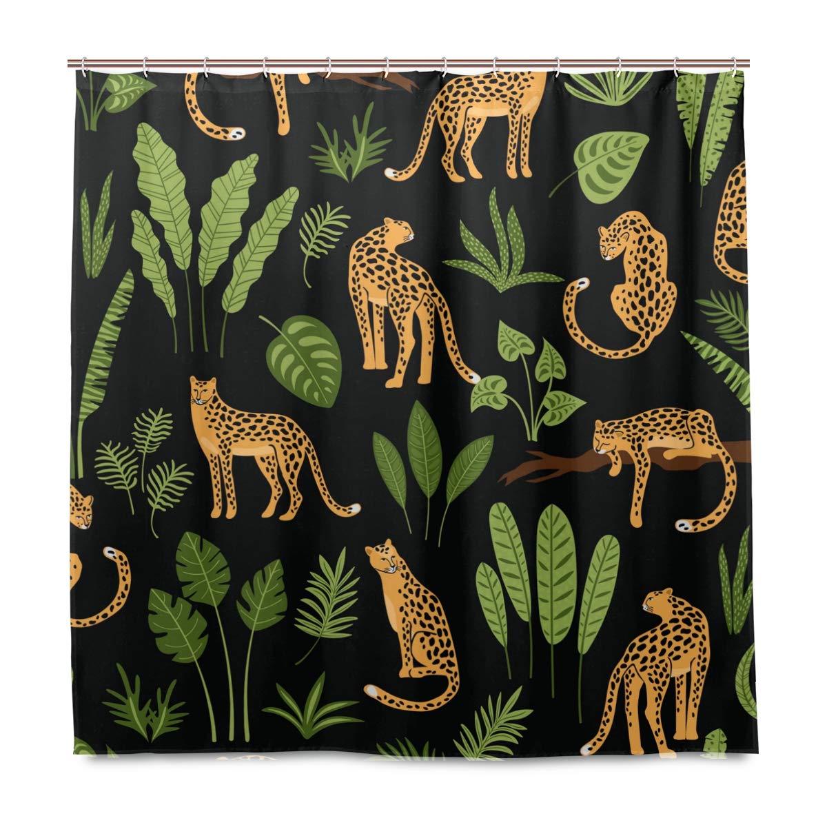 BALII Leopards And Tropical Leaves Shower Curtain 72x72 Inch Polyester Waterproof With 12 Hooks for Bathroom
