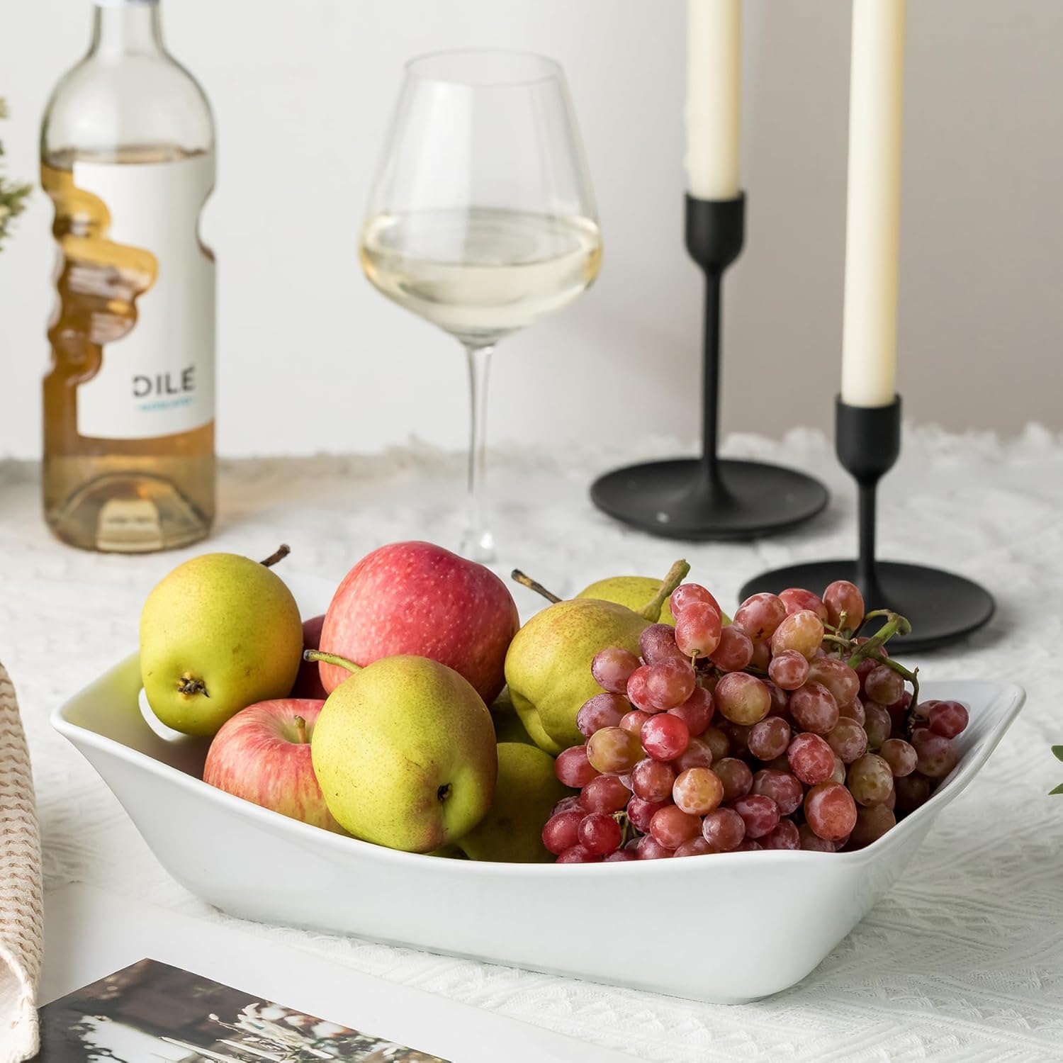 YHOSSEUN Large Serving Bowls with Handles White Serving Dishes For Entertaining, 1.5 Quarts Ceramic Bowl Set Rectangle Serving Platter for Thanksgiving, 2 Pack