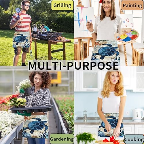 Miniatura 5 de Vintage Turtle 3 Pack Server Aprons with 3 Pocket Waterproof Womens Half Waist Aprons for Cooking Dishwashing Kitchen Gardening Salon