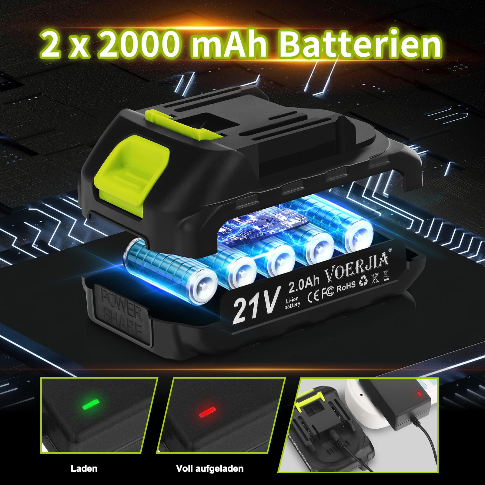 Cortasetos inalámbrico VOERJIA de 20 Pulgadas, 2 baterías de 2000 mAh, 21 V, Cuchilla de Doble acción de 50 cm, 750 W para jardín, arbustos y Plantas de Borde.