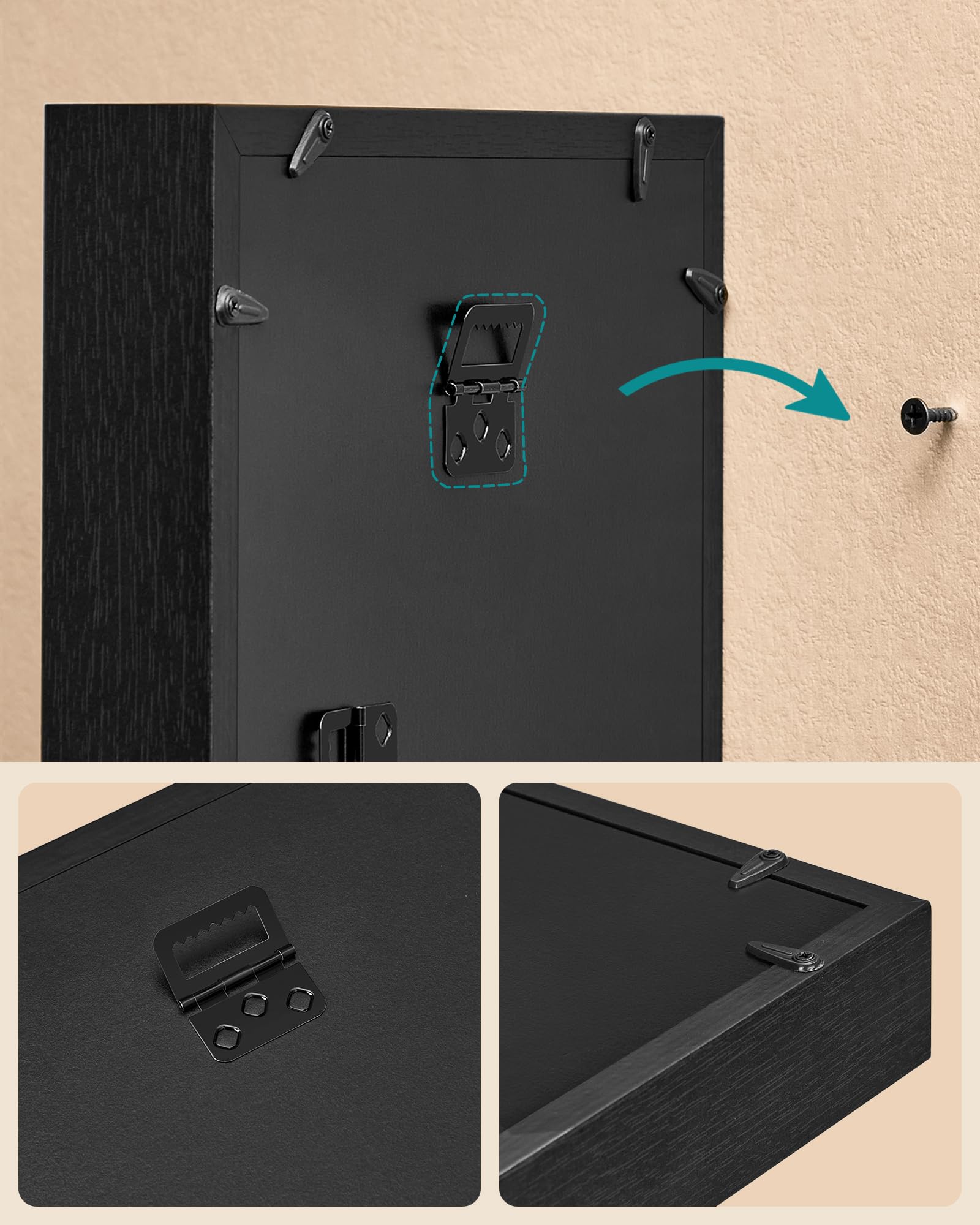 SONGMICS Marco de fotos 3D para rellenar, marco de fotos con cordón, pinzas, manualidades, placa de espuma con superficie de lino, vidrio, MDF, 22,5 x 4 x 27,5 cm, idea de regalo, color negro