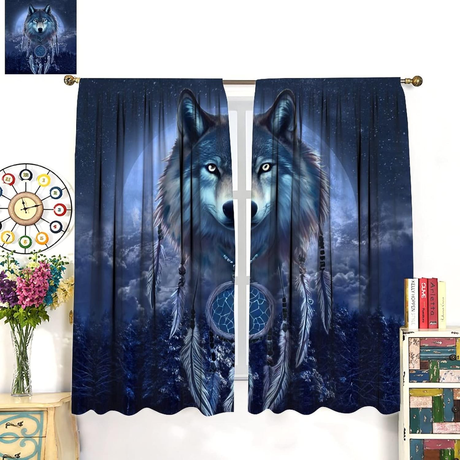 Cool Wildlife Wolf Blackout Curtains,Fantasy Galaxy Misty Forest Wolf Dream Catcher Window Treatments Rod Pocket Thermal Insulated Room Darkening Blackout Curtains 2 Panels 63L x 31.5W