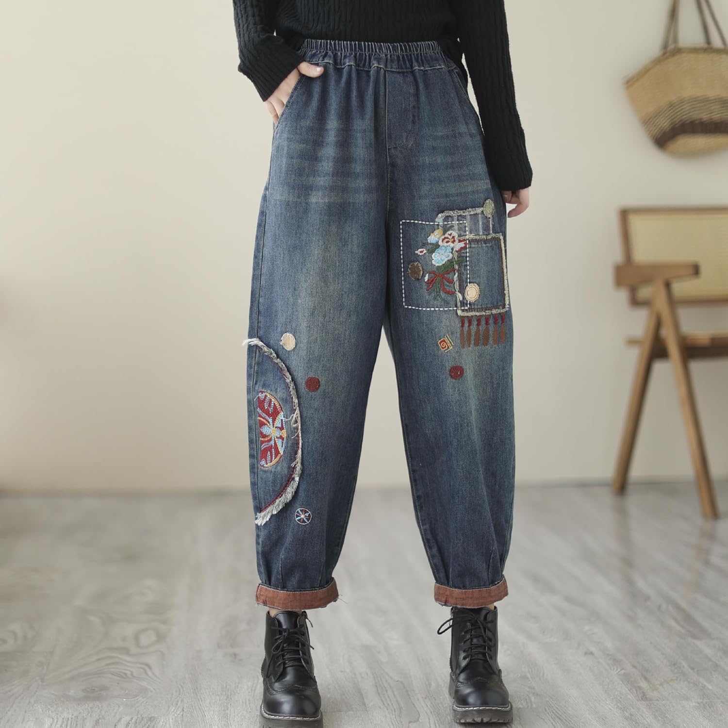Women Retro Embroidered Loose Jeans Casual Ripped Jeans Harem Pants